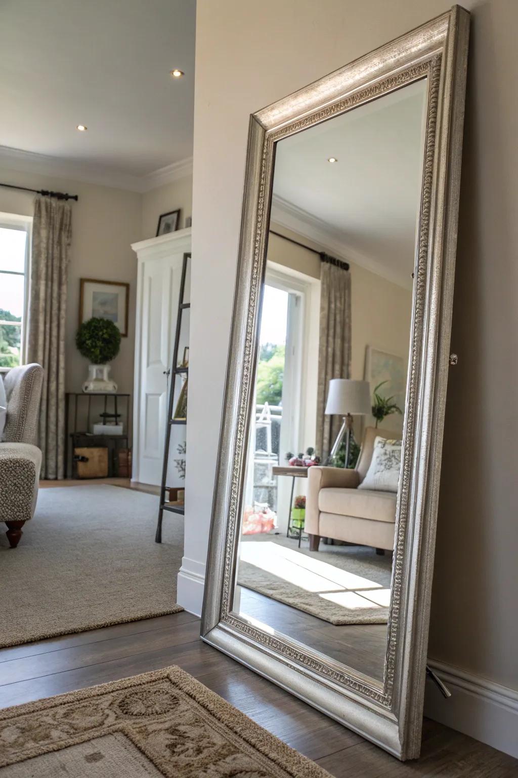 A room enhanced by reflective panes amplifying light.