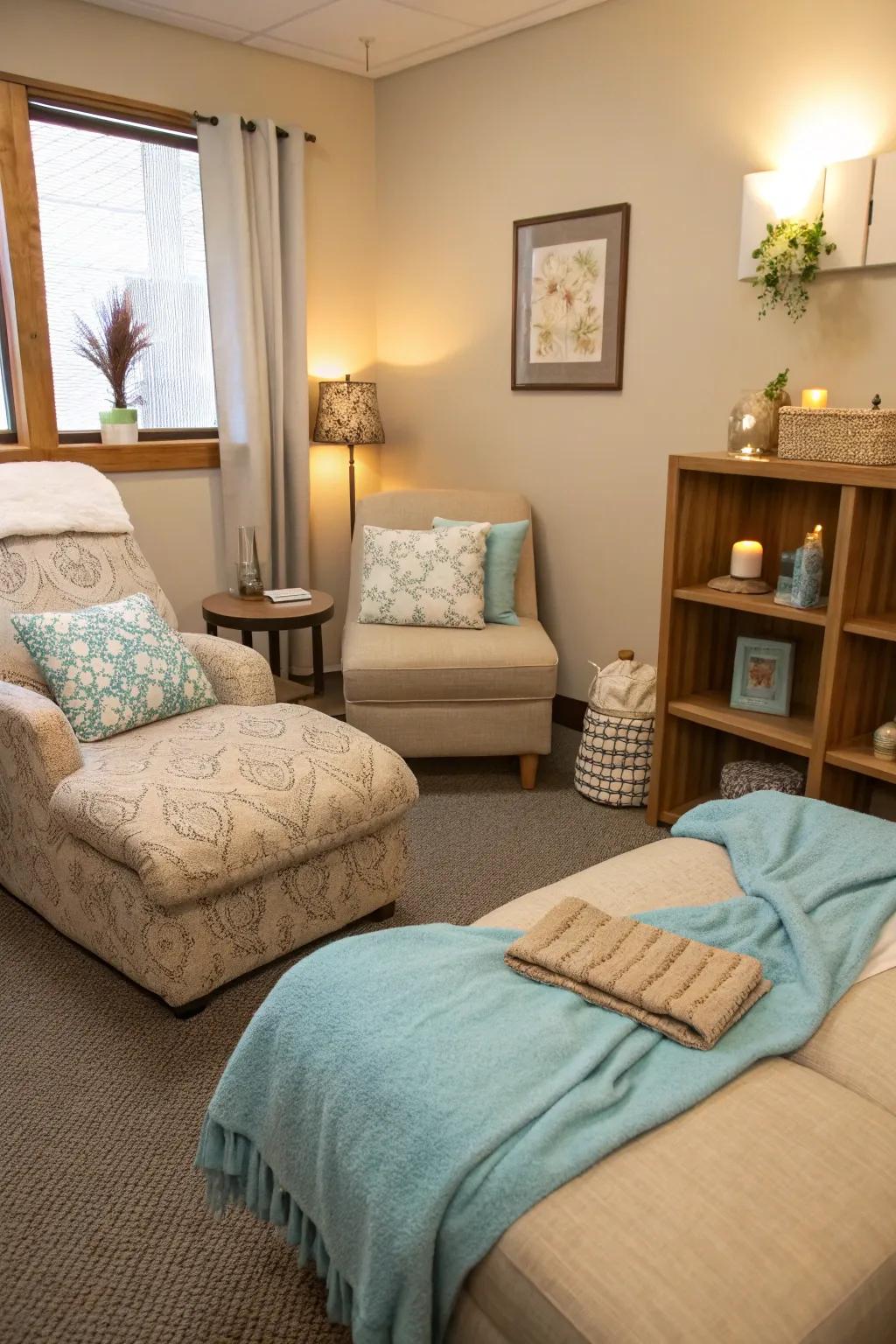 Soft textiles create an inviting space.