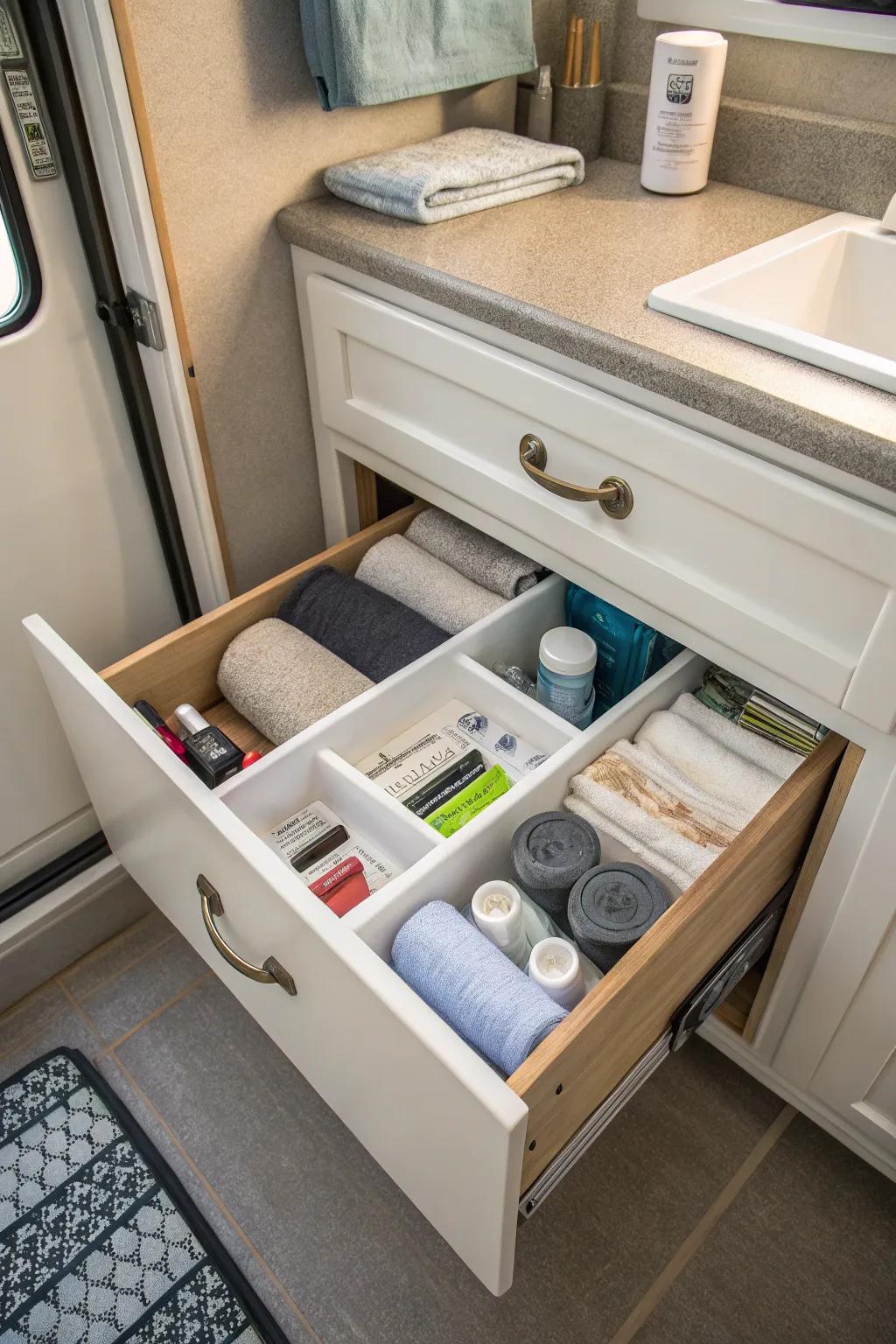 Drawer separators aid neatly arranged storage within a portable lavatory.