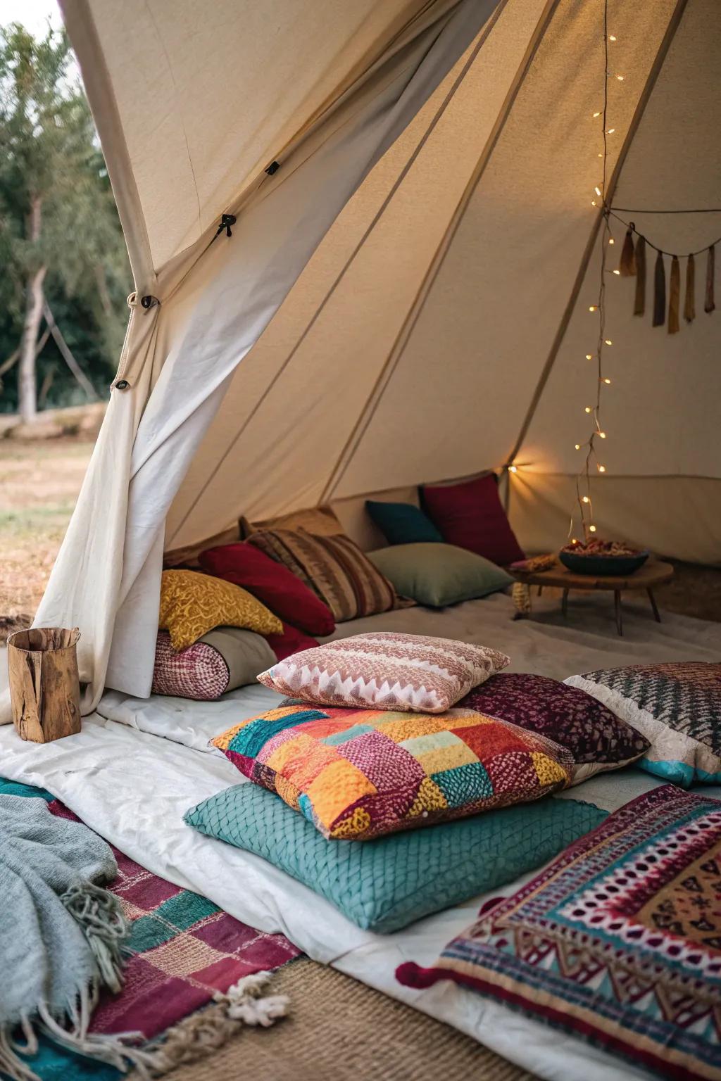 Append a burst of hue to your tent via vibrant accents.