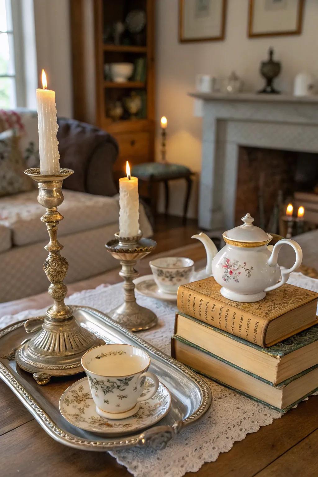 Vintage elements bring historical charm to candle displays.