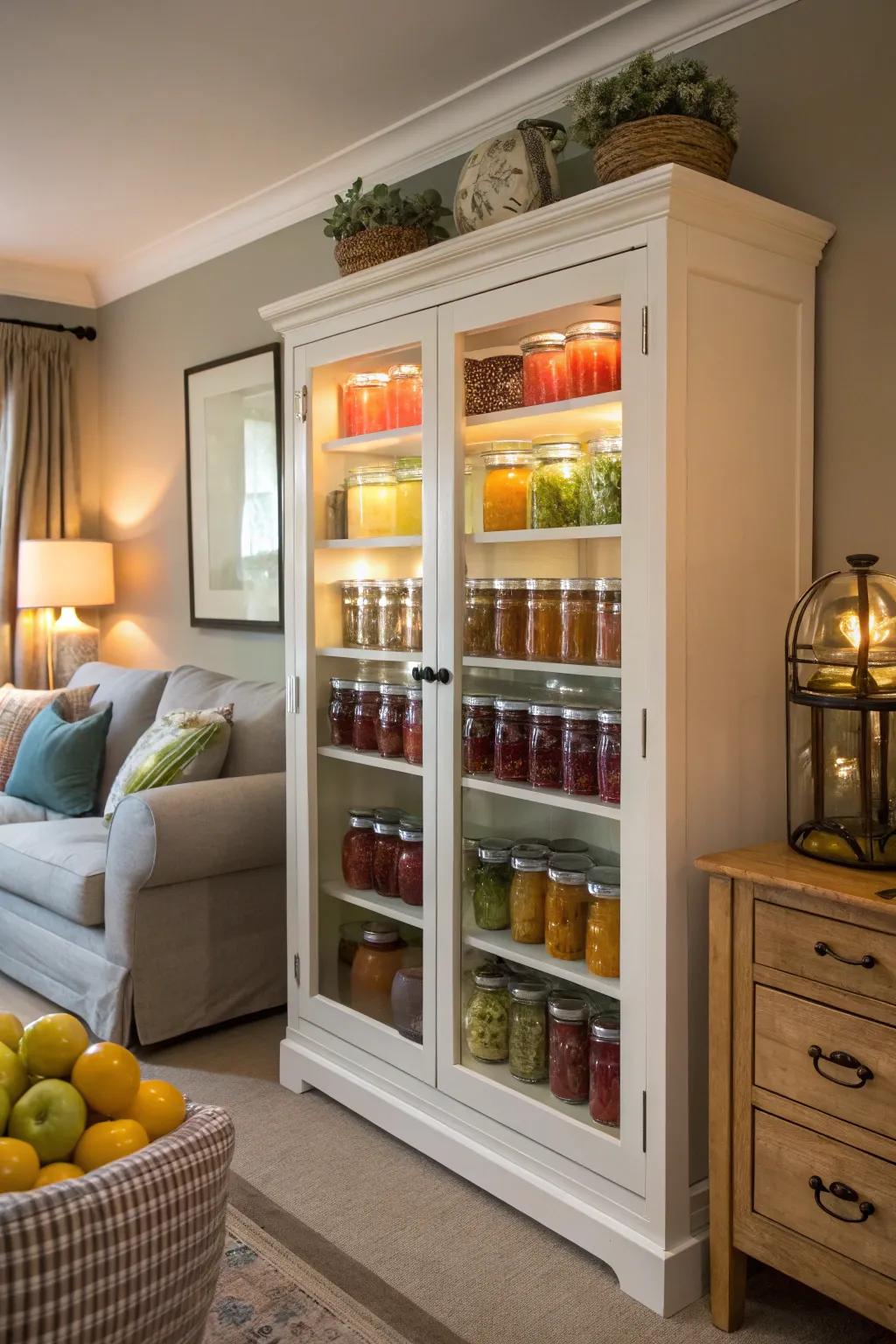 Create a fancy display using cabinets with glass doors.