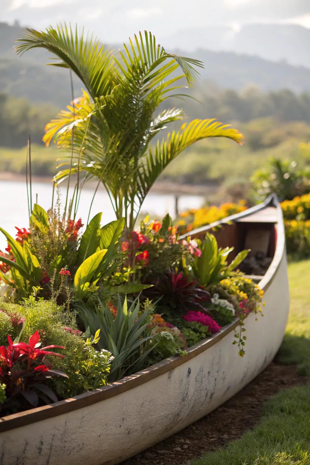A tropical-themed boat planter brings an exotic essence to your garden.