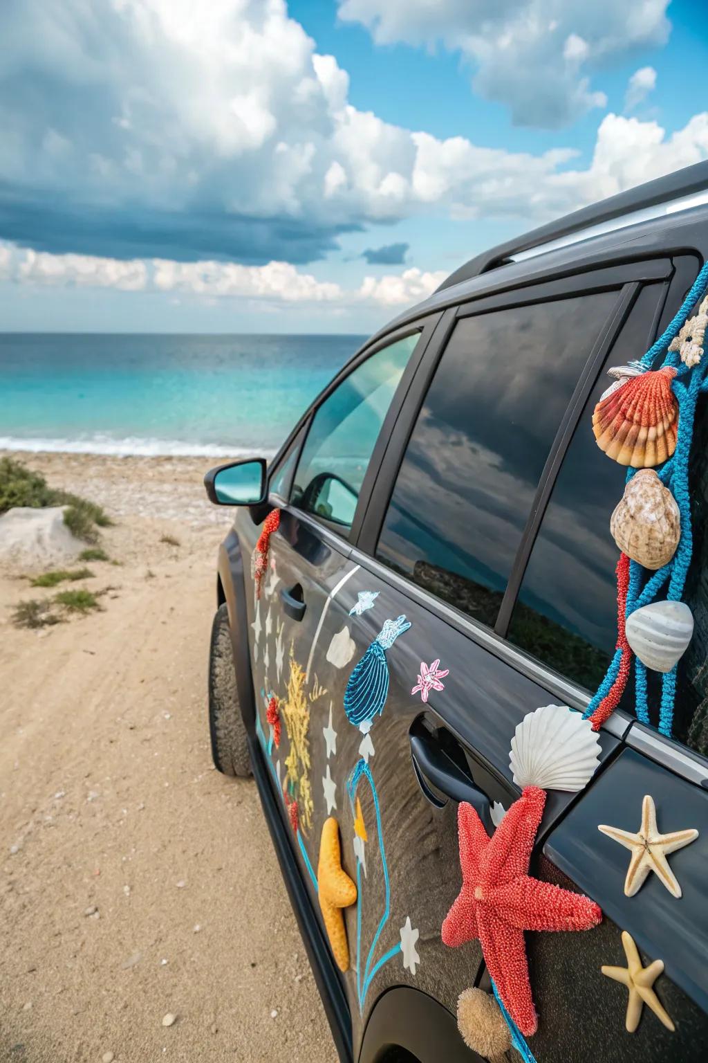A car adorned with beachy elements, perfect for summer adventures.