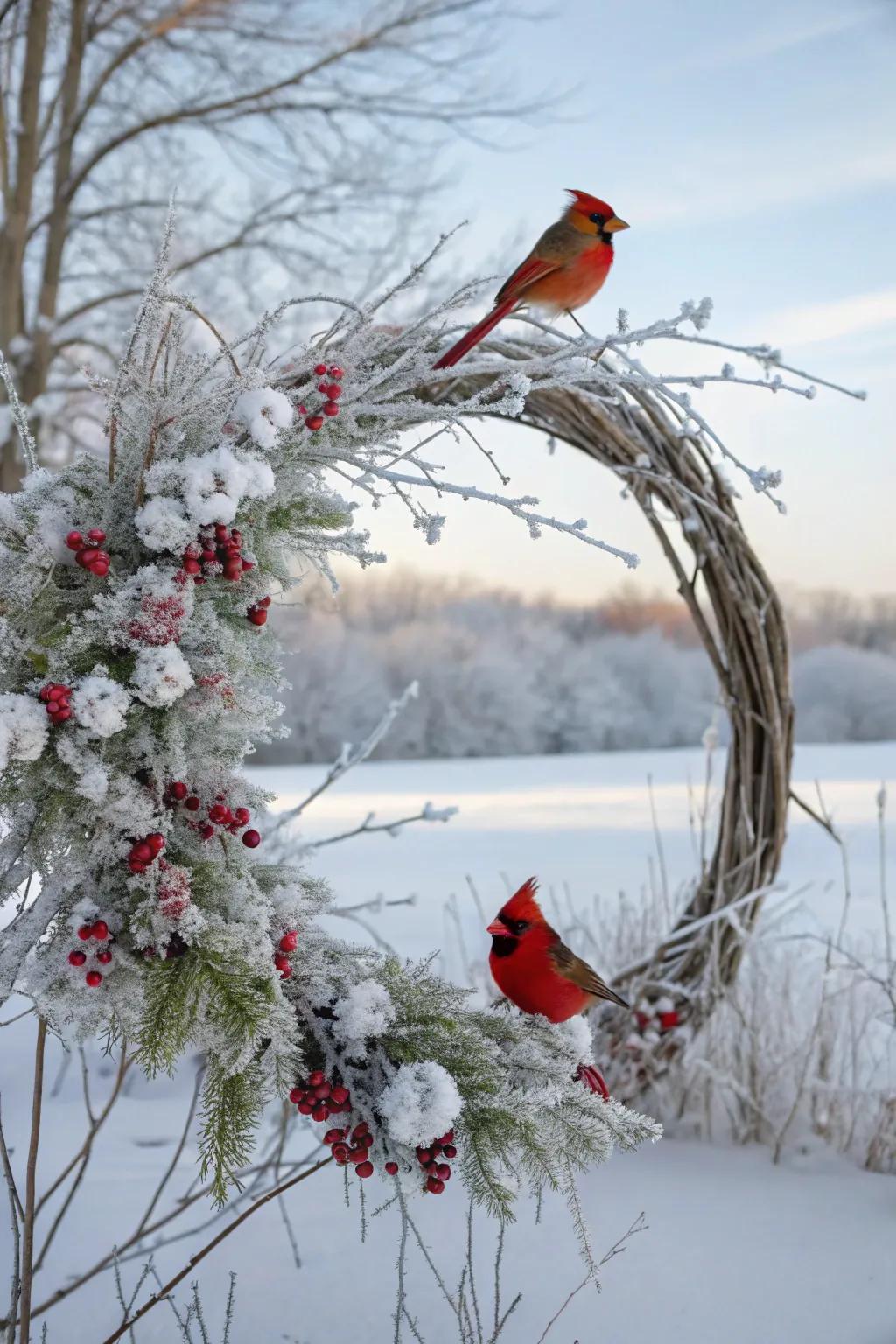 An elegant frosted wreath featuring cardinals for a refined touch.