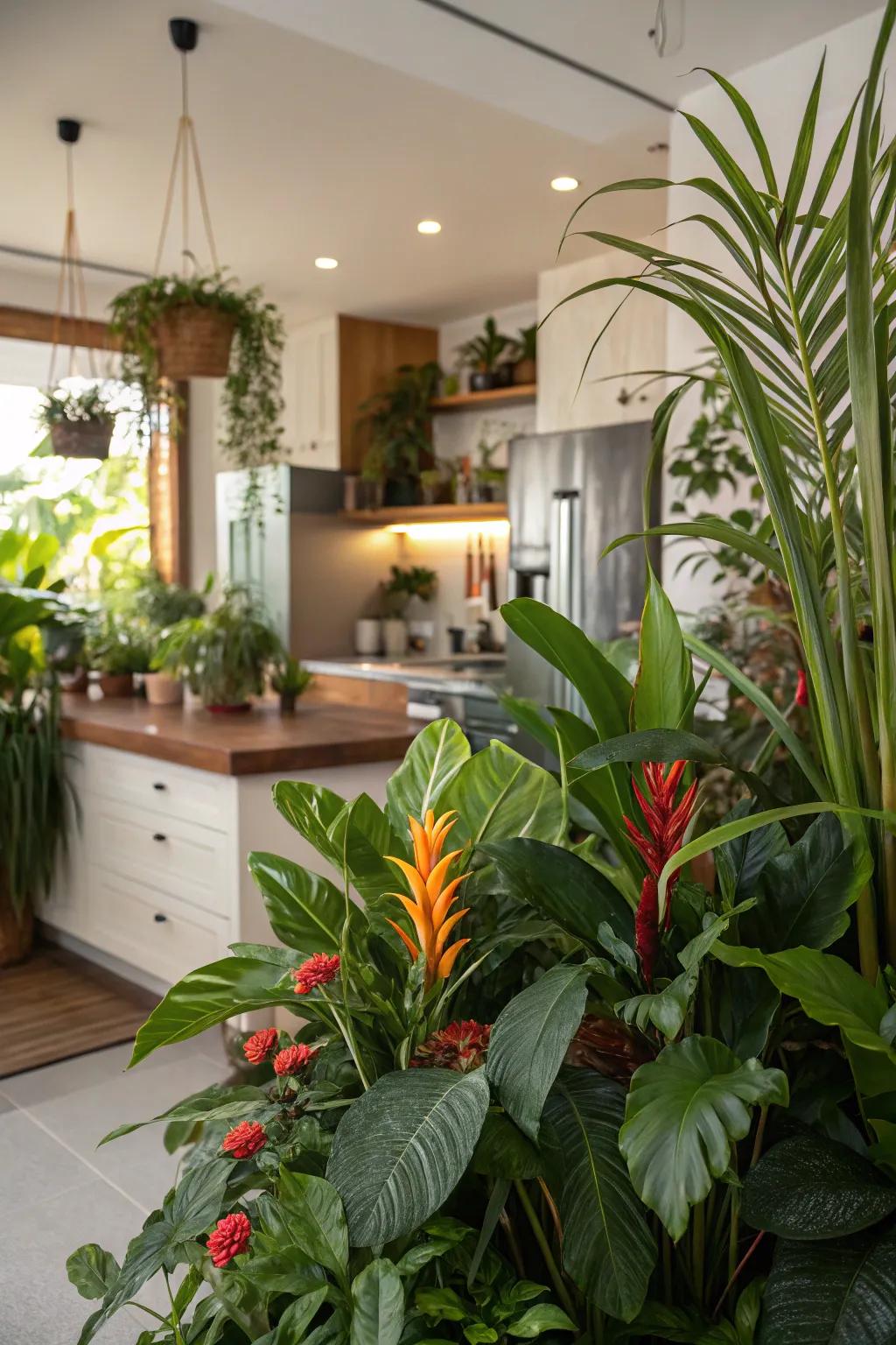 Tropical plants bring life and freshness to the kitchen.