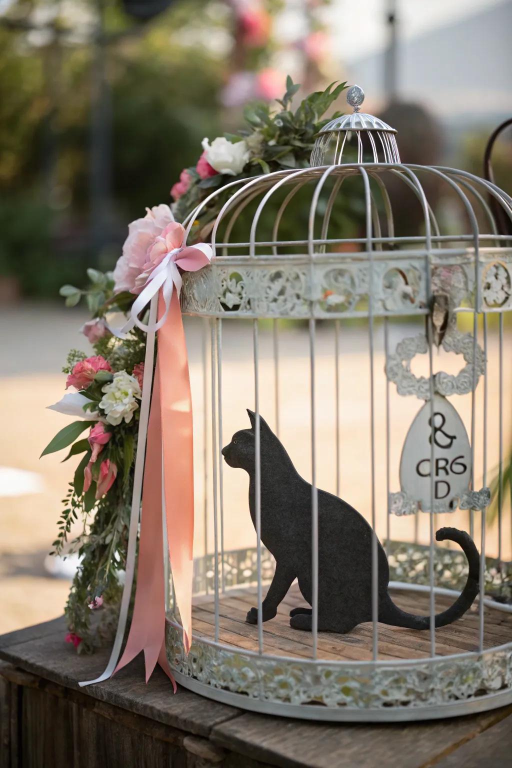Stylistic decor gives the cat cage with unique flair.