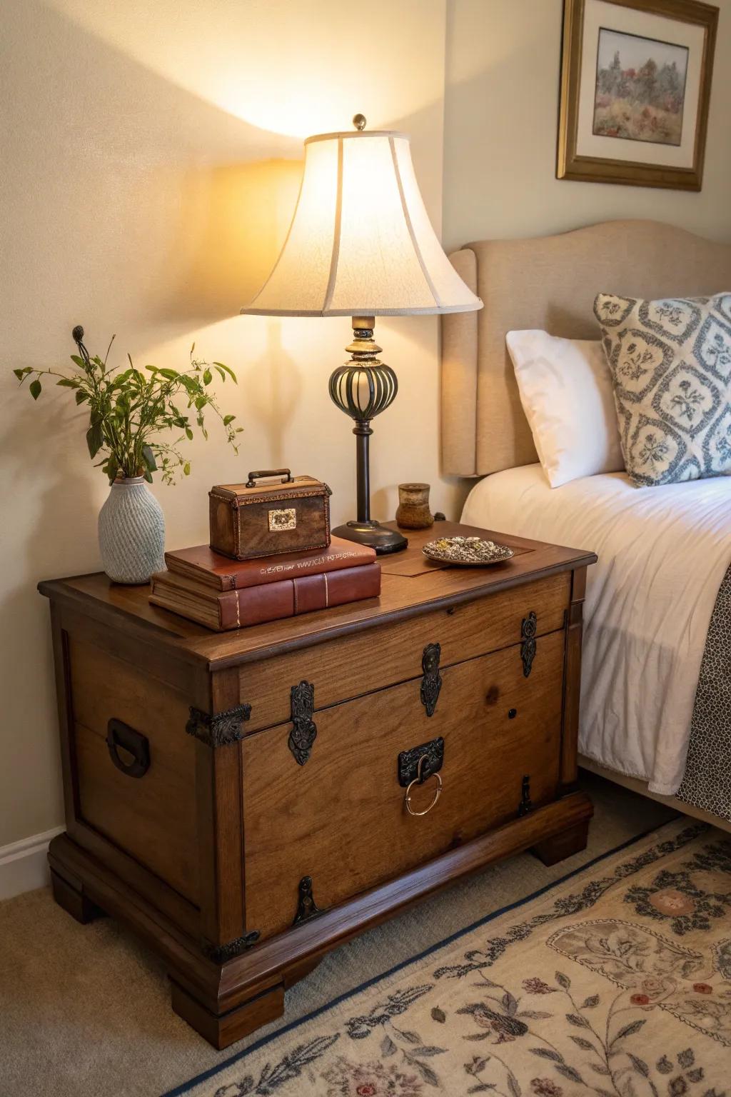 A cedar chest offers a delightful substitute for a standard bedside table.