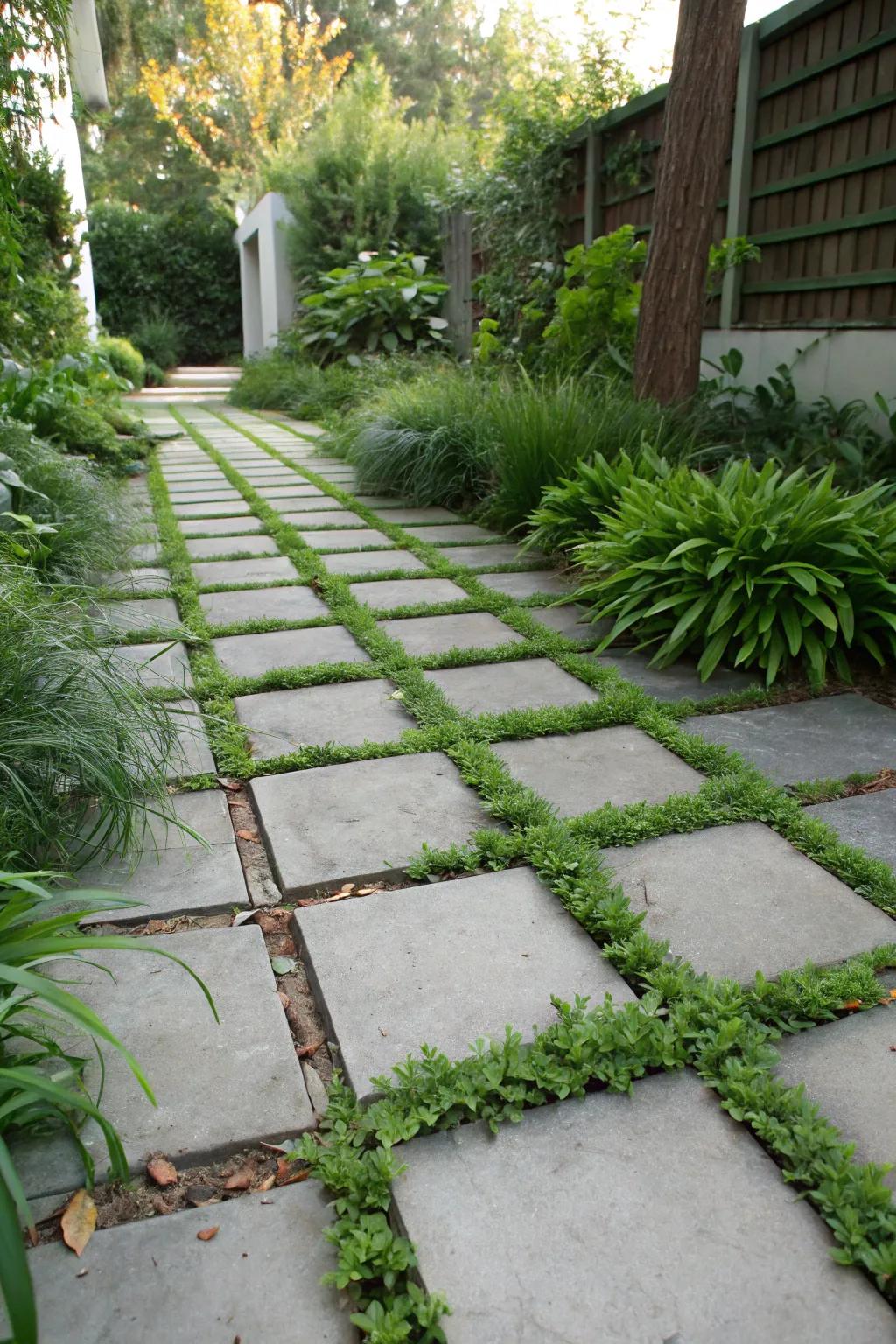 Lively concrete pathway with vegetative bedding plants, conveying a natural ambiance.