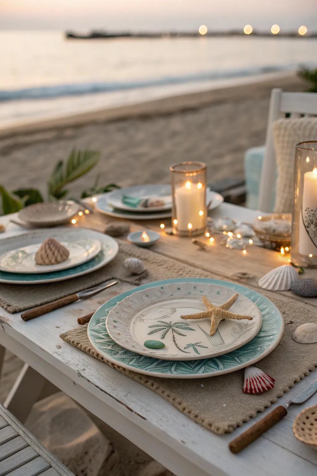 Seashell chargers craft a refreshing, seaside-inspired table.