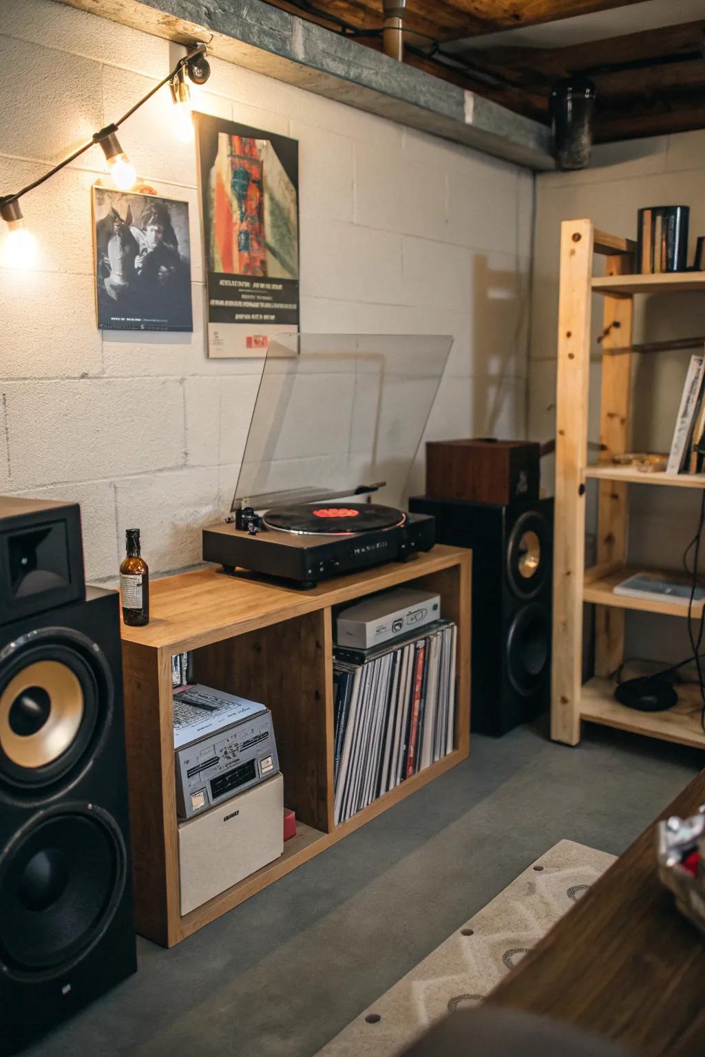A music corner with a record player enhances the ambiance.