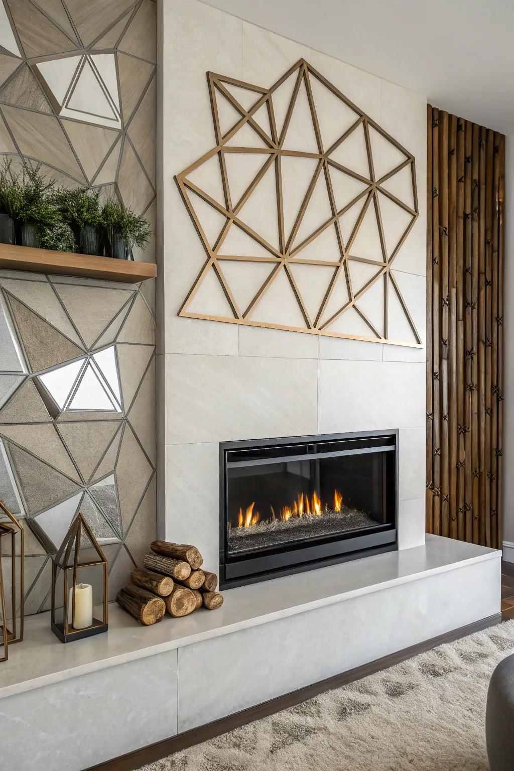 Geometric configurations encircling the fireplace inject a modern and revitalizing impression.