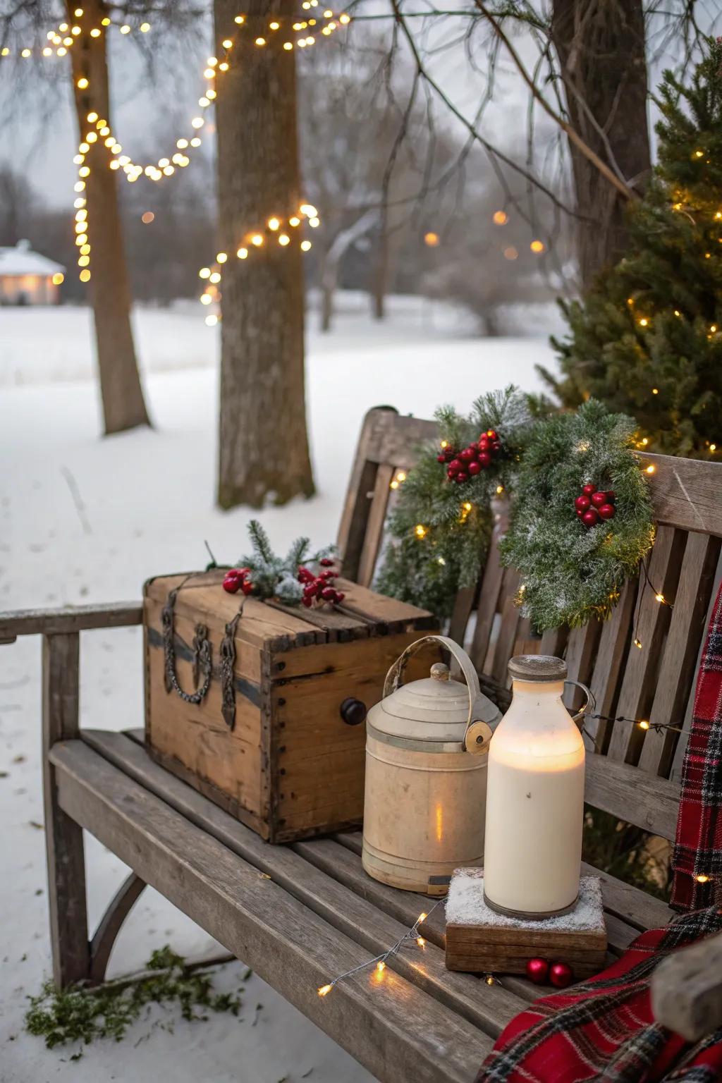 Vintage accents add a nostalgic essence to your holiday display.