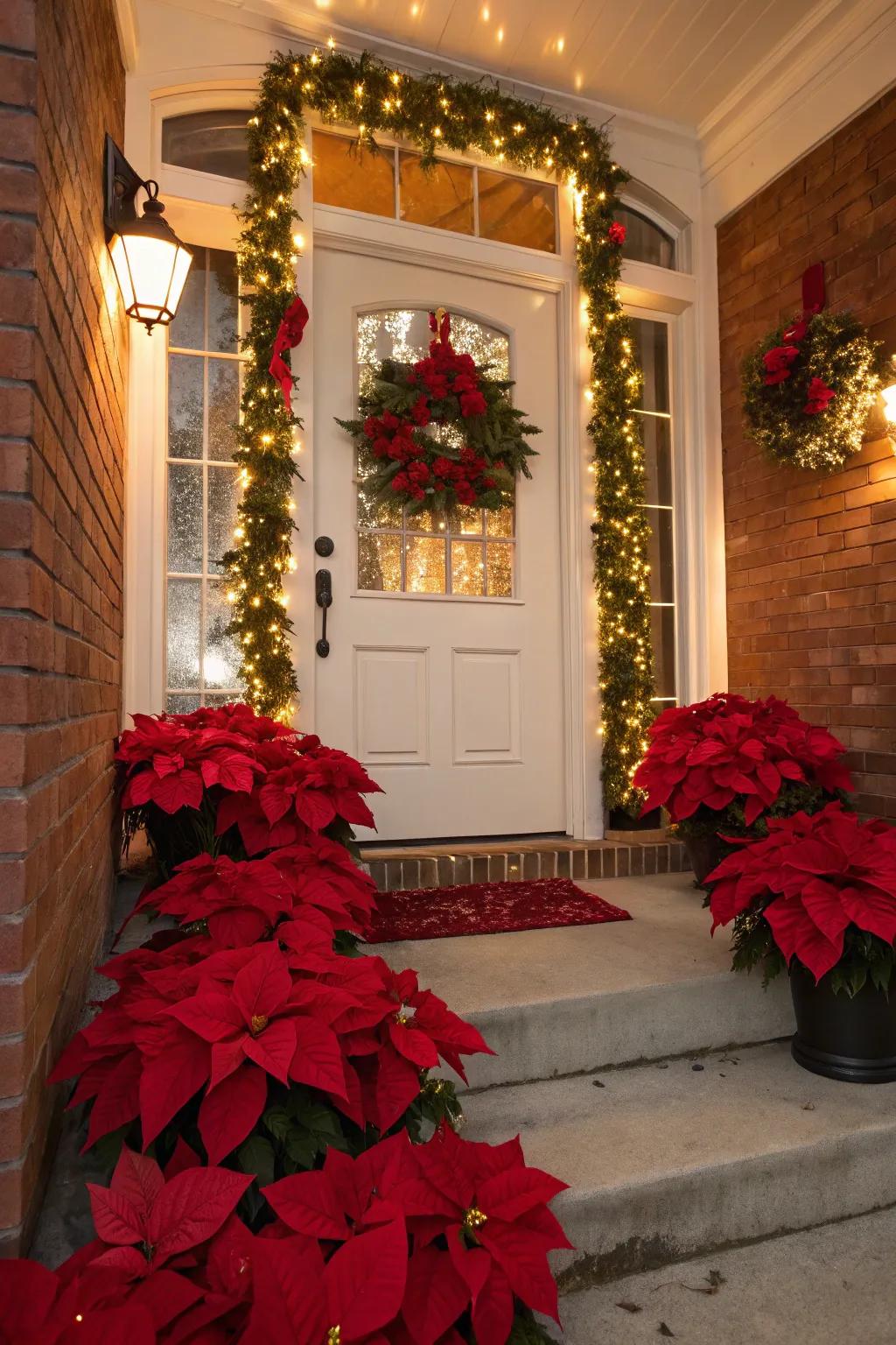 Dynamic poinsettias bestow sophistication and pigmentation to this celebratory entryway.