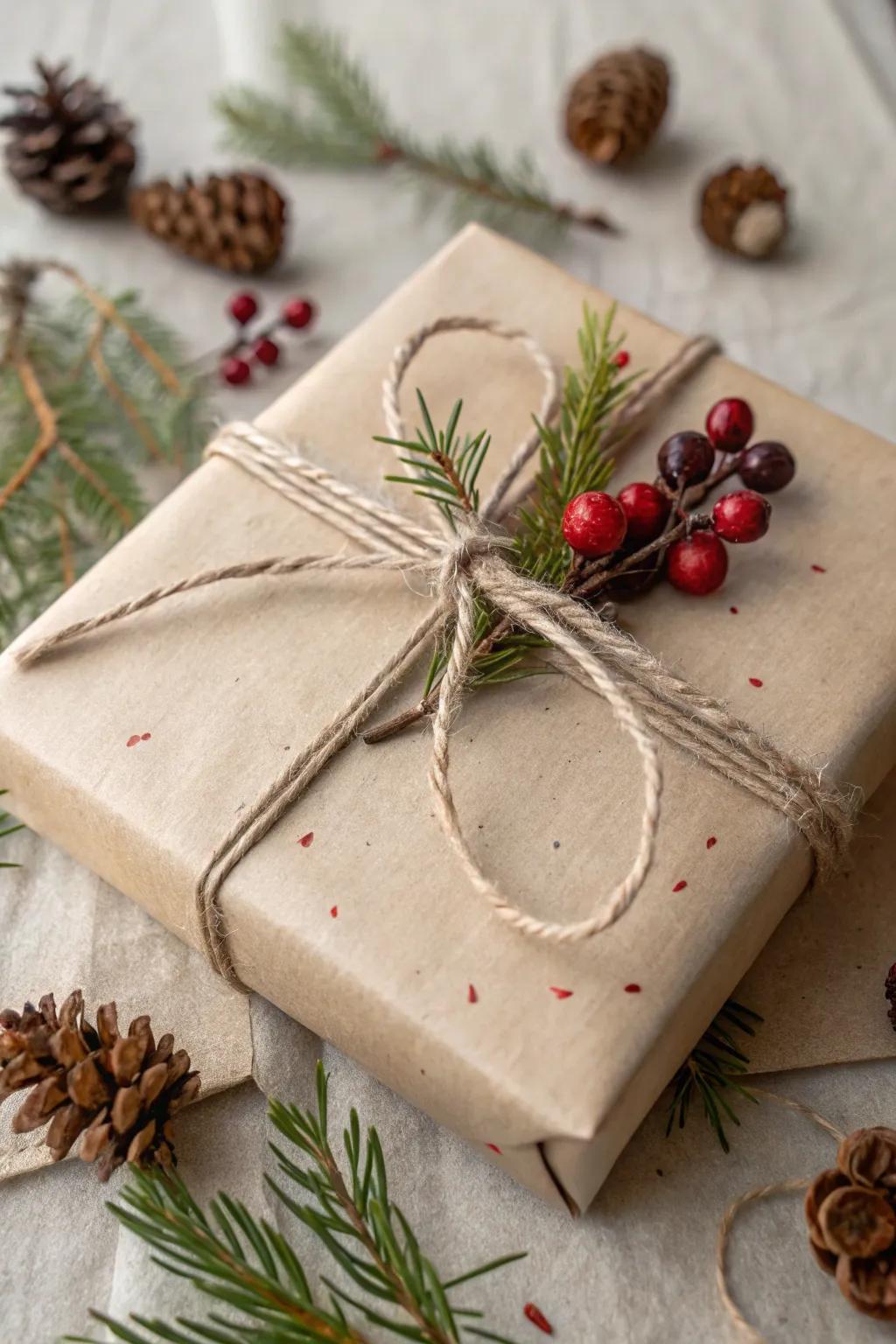 Earth-friendly gift wrapping with jute string and natural elements.