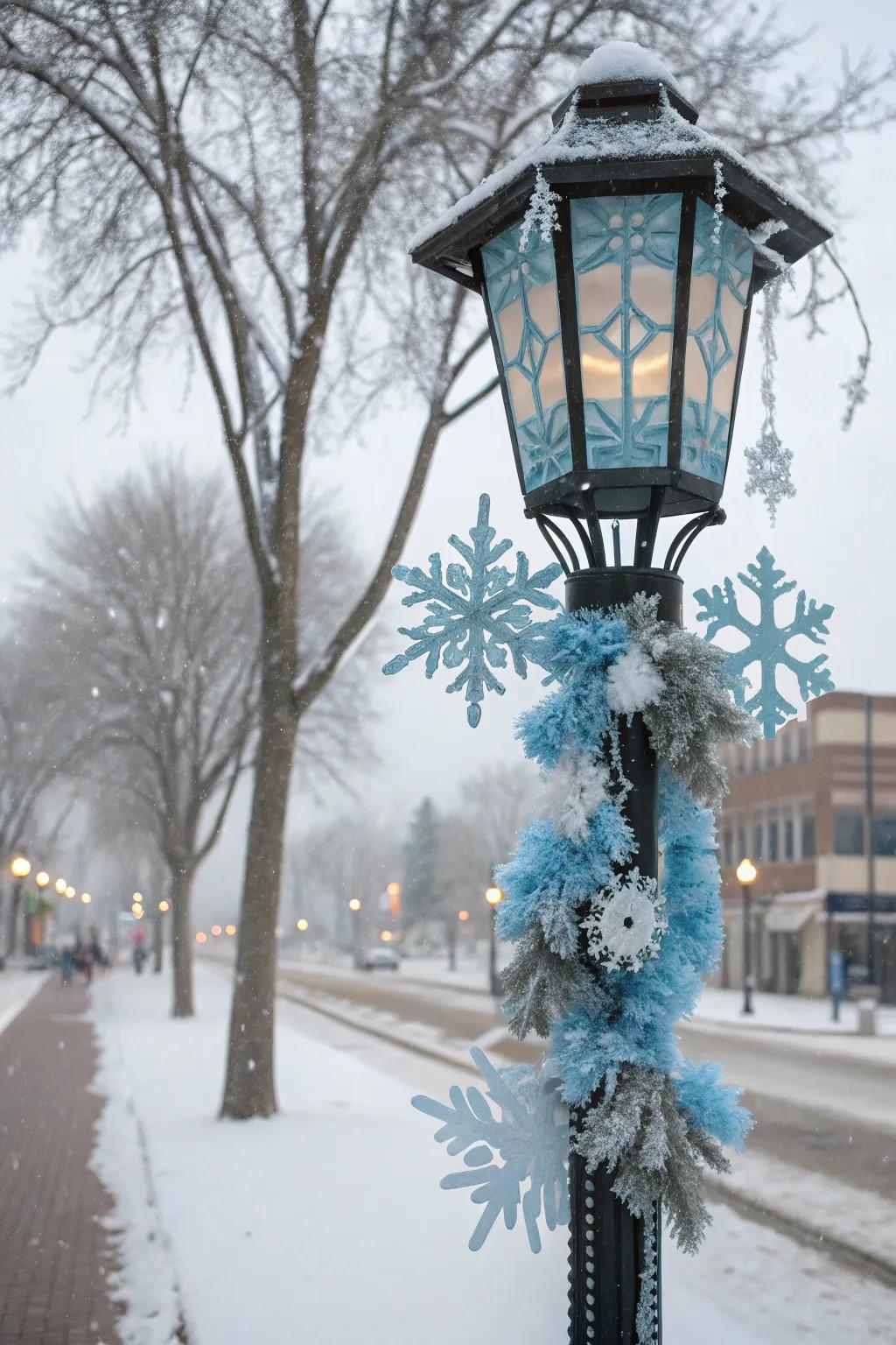 Themed ornamentation transforms a lamp post into a festive focal point.