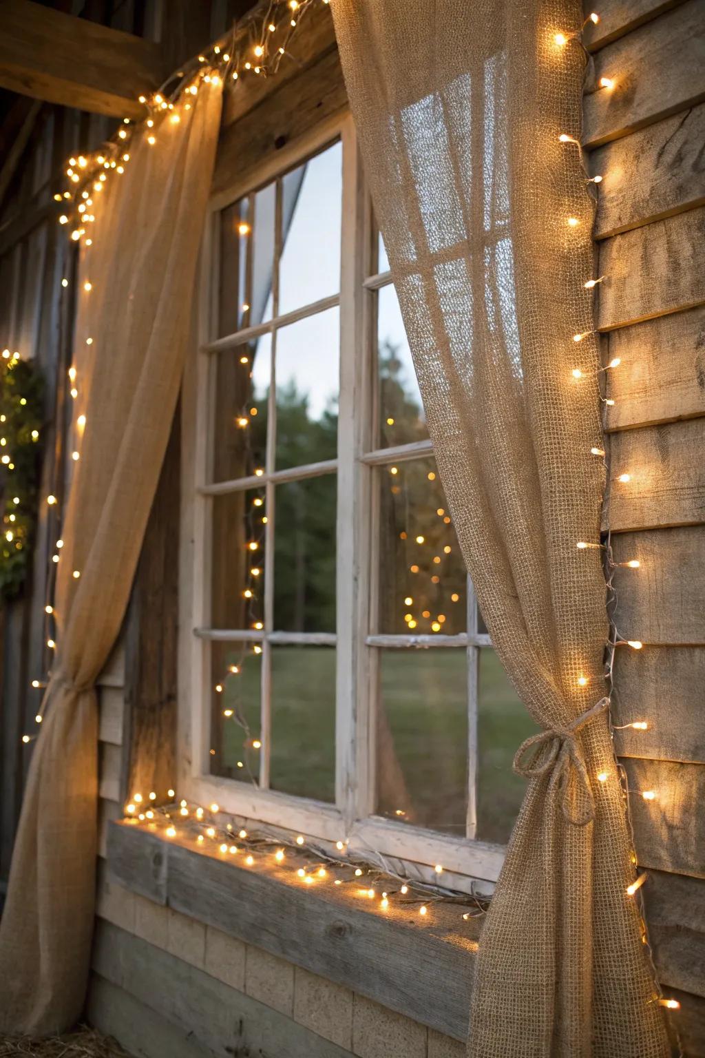 Burlap and lights create a rustic, warm window display.