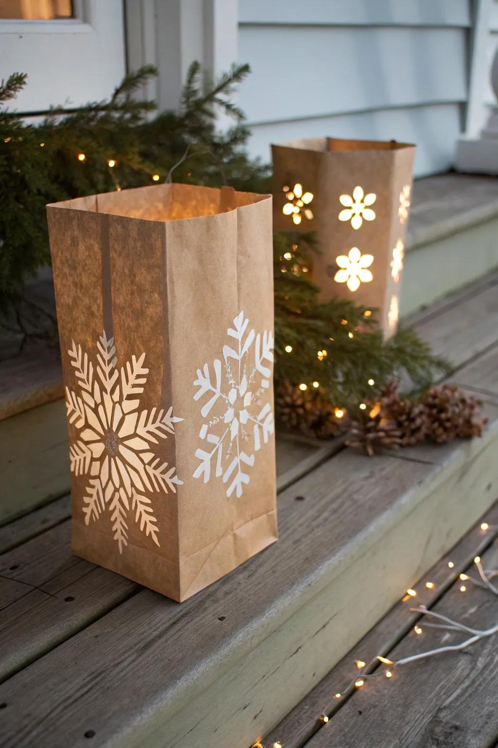Brighten your holiday nights using elegant paper bag luminaries, bringing warmth and craftsmanship to your doorstep.