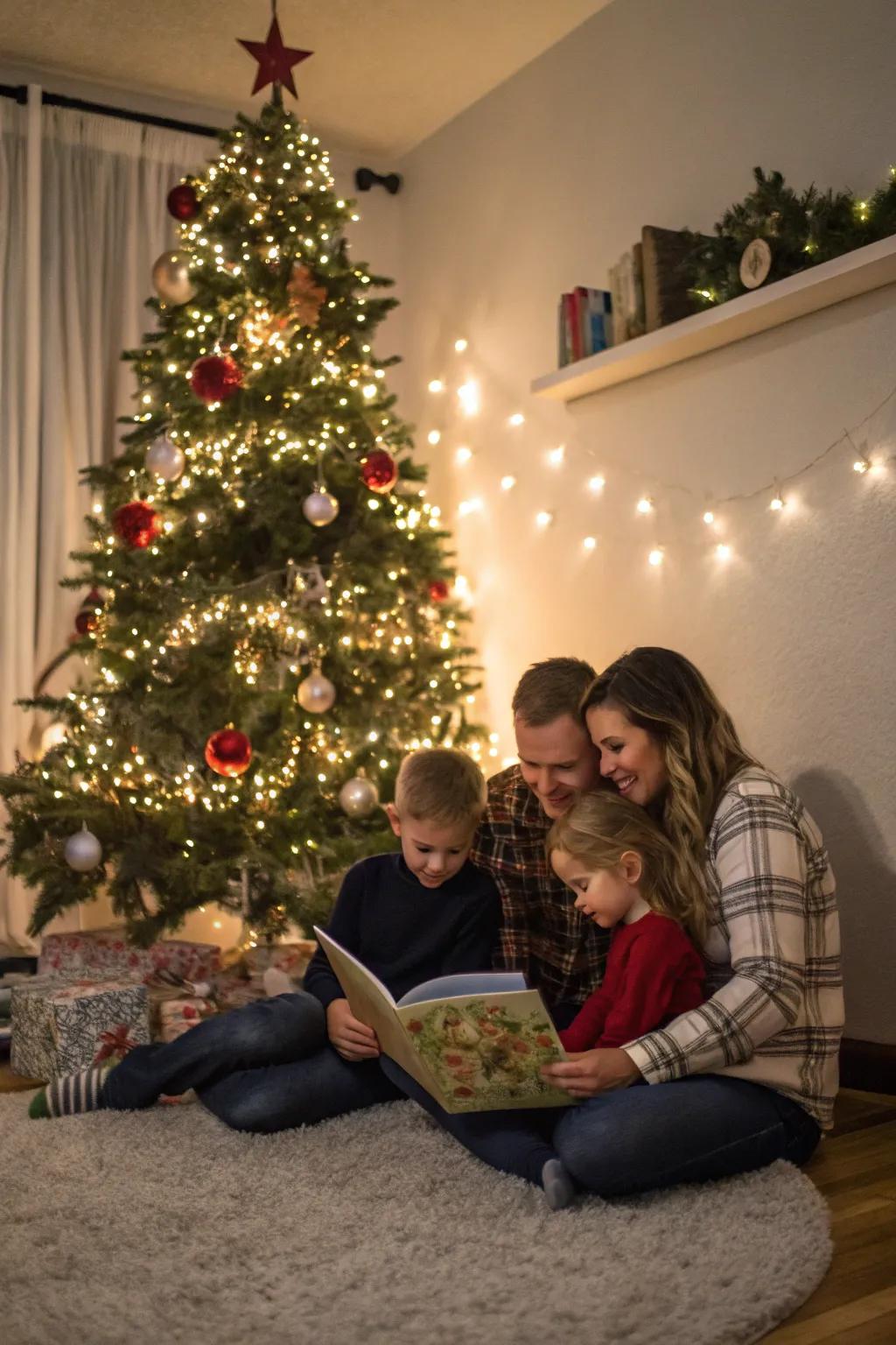 Family delighting in storytime by the holiday tree.