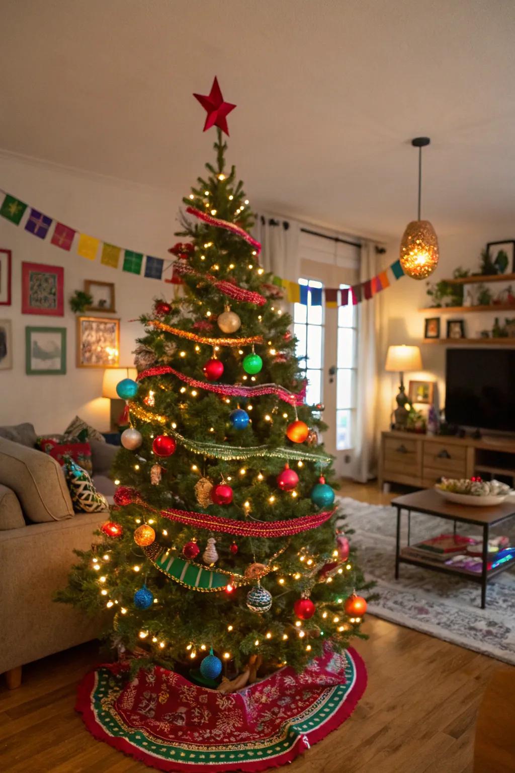 A spirited Christmas tree showcasing gala-themed ornaments and vibrant colored illuminations, appending a festive panache to the holidays.