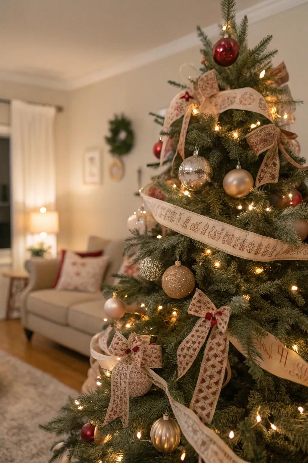 A Christmas tree with classic ribbons and ornaments, exuding a nostalgic charm.