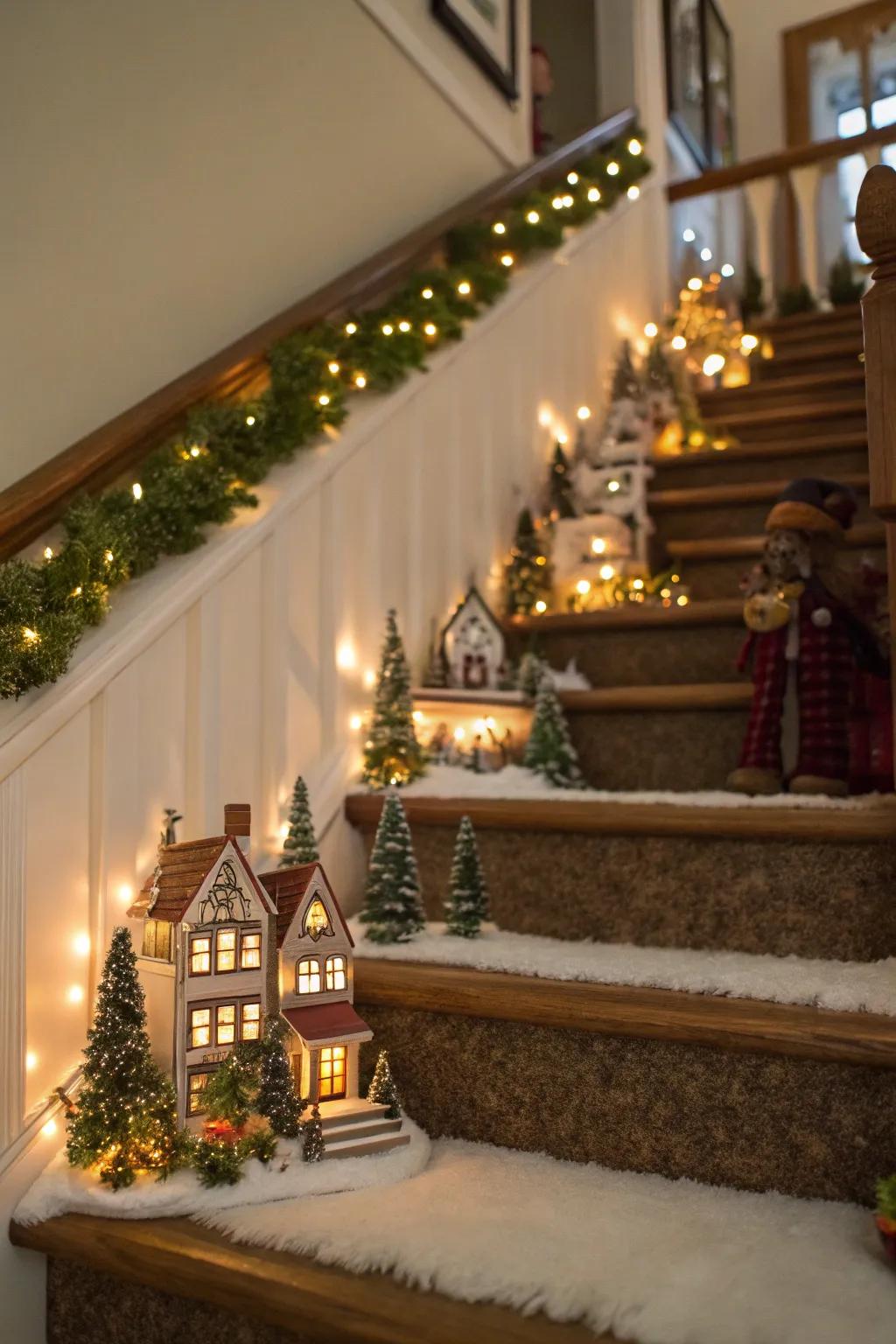 A staircase transforms into a charming route for a Christmas village.
