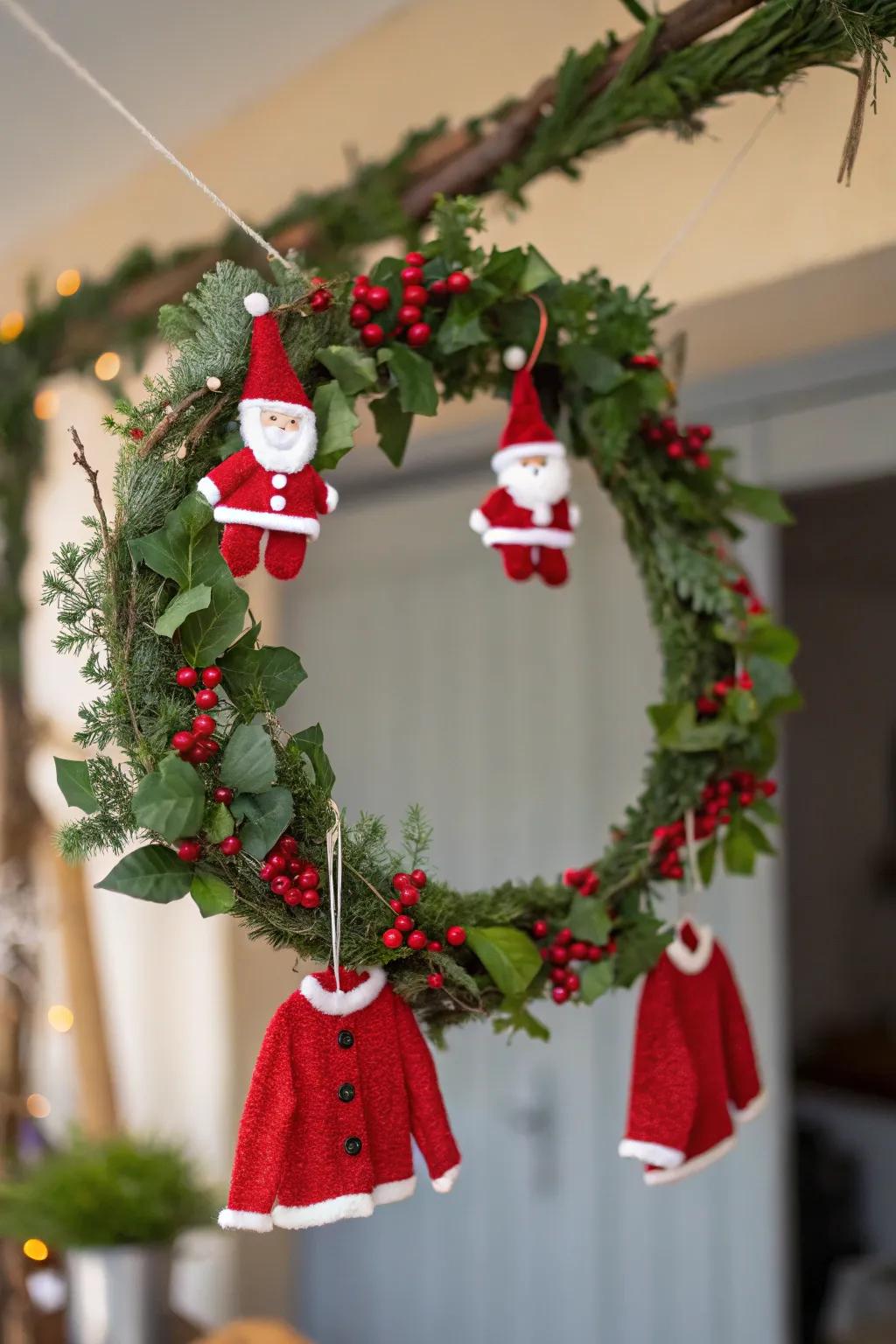 A playful Santa's wardrobe wreath with miniature clothes for a touch of whimsy.