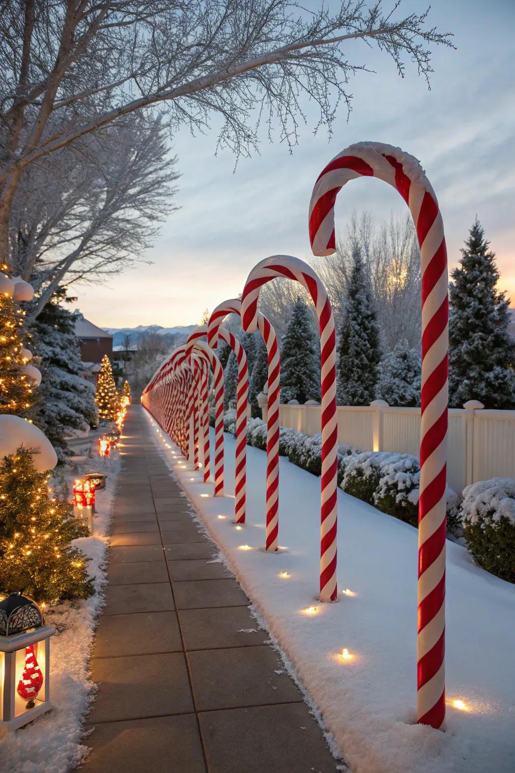 A walkway delineated with celebratory sugar swirl stakes.