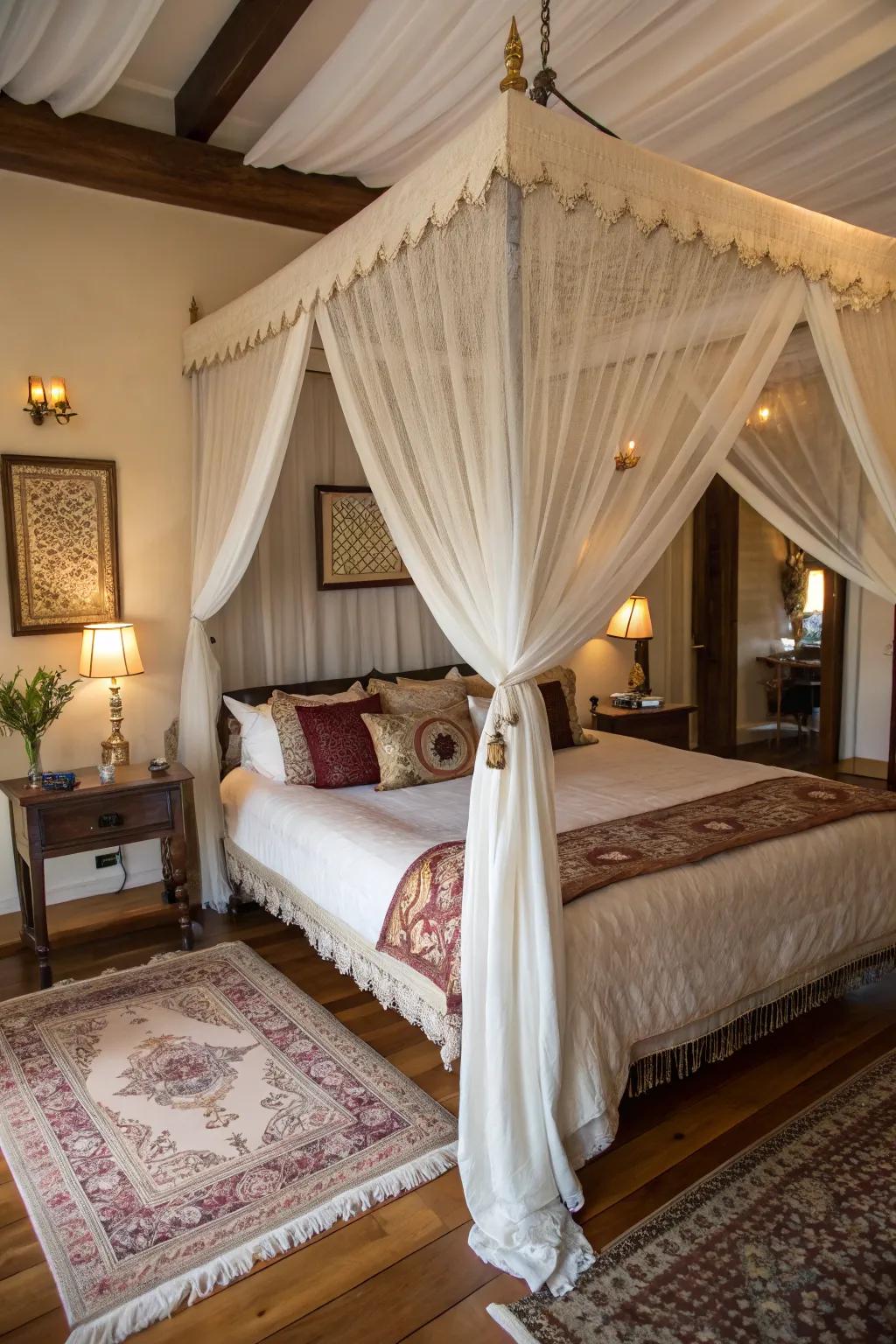 A canopy bed adds elegance and a sense of seclusion.