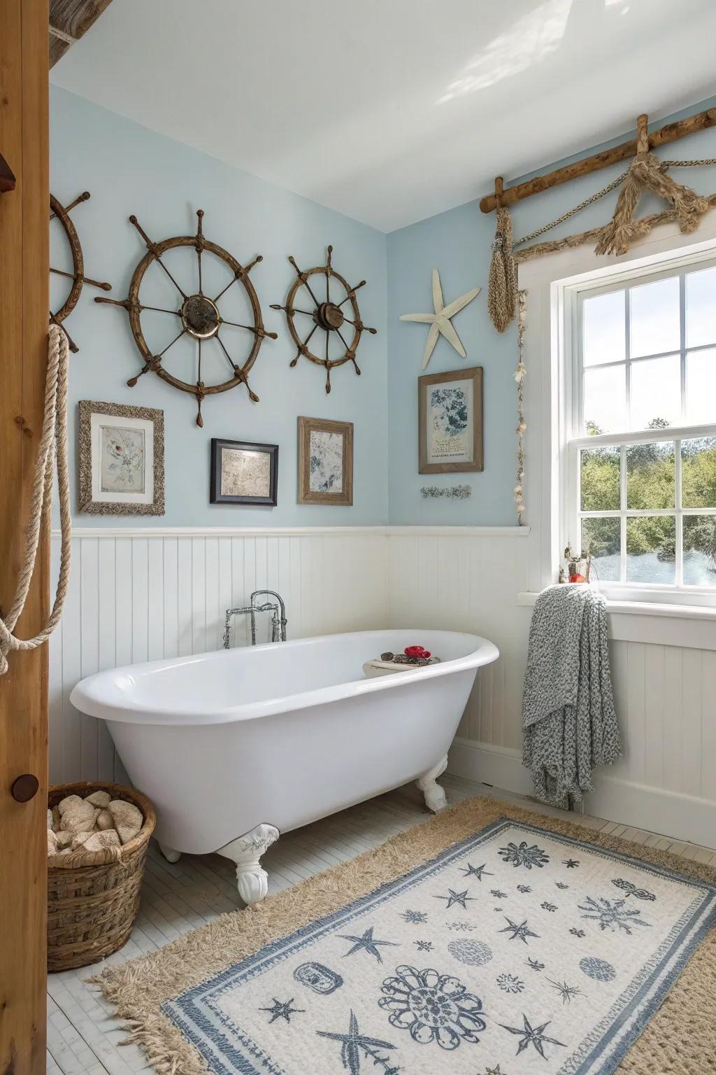 A maritime lavatory where shades and ornamentation evoke the peace of the sea.