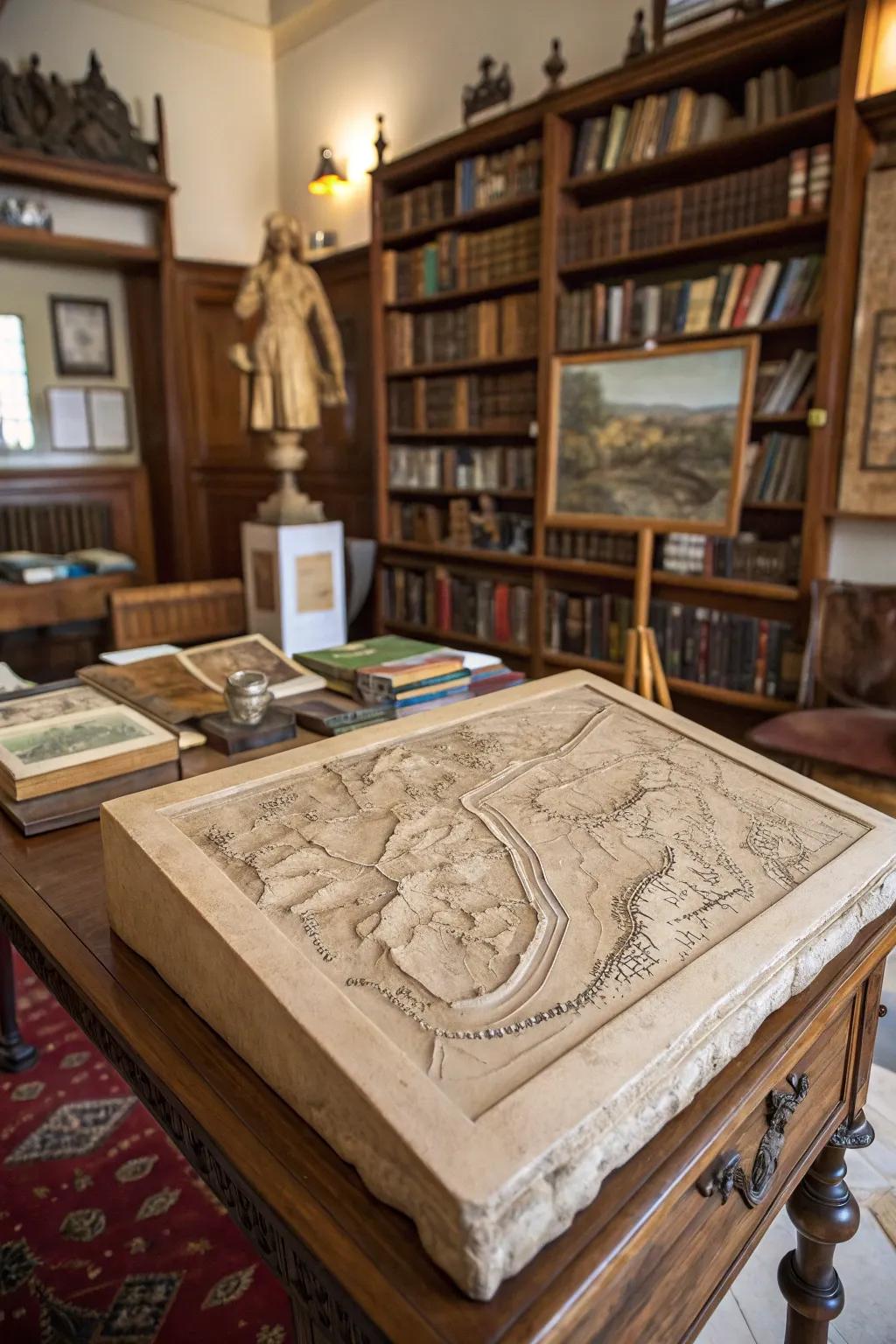 Old world overlay clay relief sculpture, fusing art with history and storytelling.