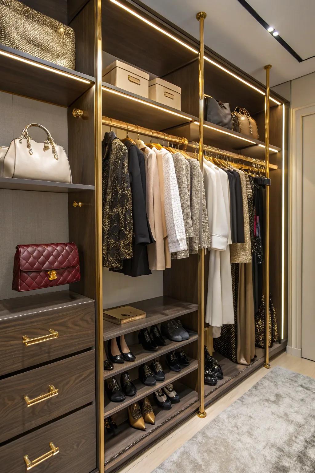 Golden hangers bring a sense of luxury to closet environments.