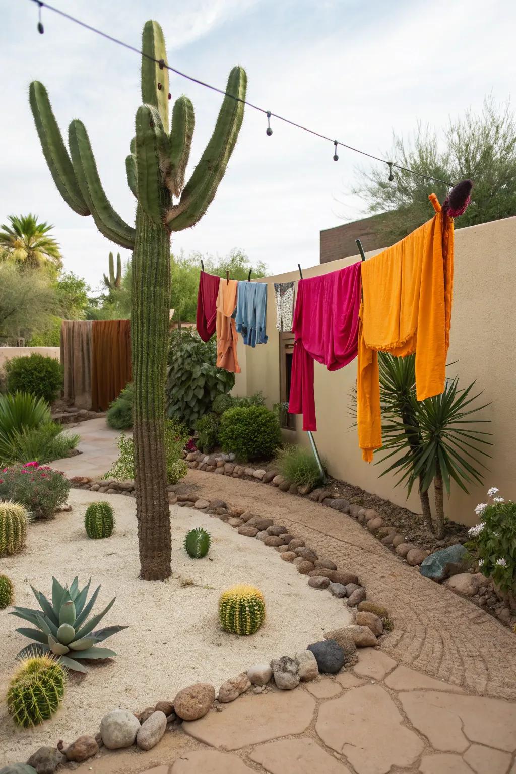 A whimsical cactus-shaped clothesline adds character to the garden.