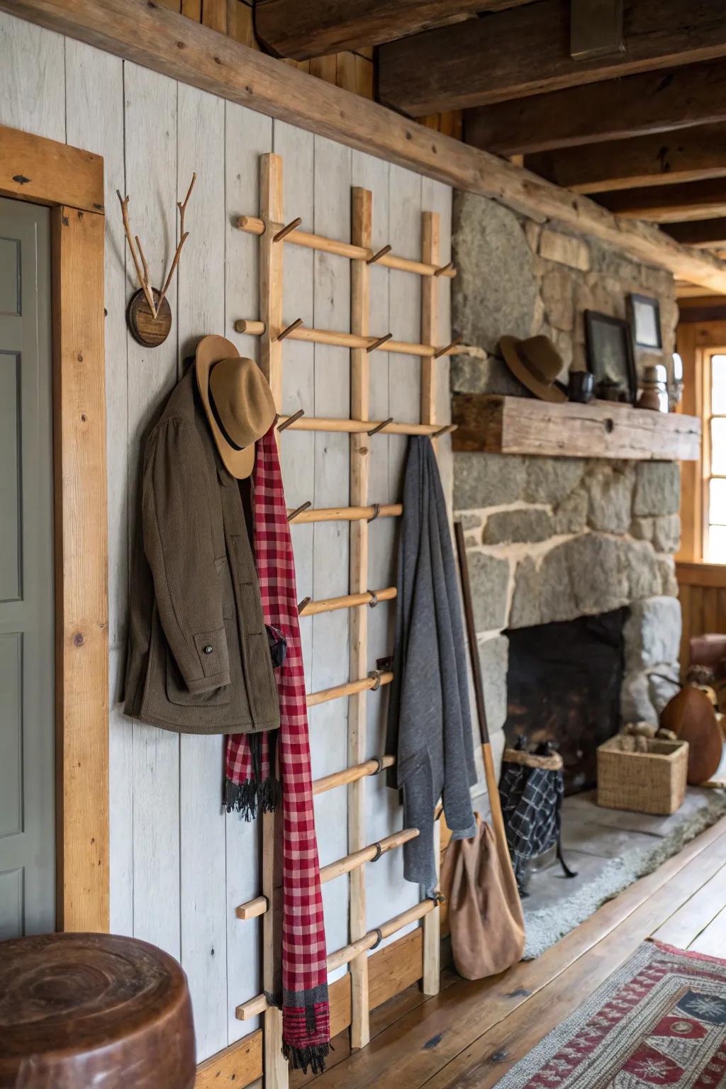 A DIY dowel coat rack brings rustic charm and character.