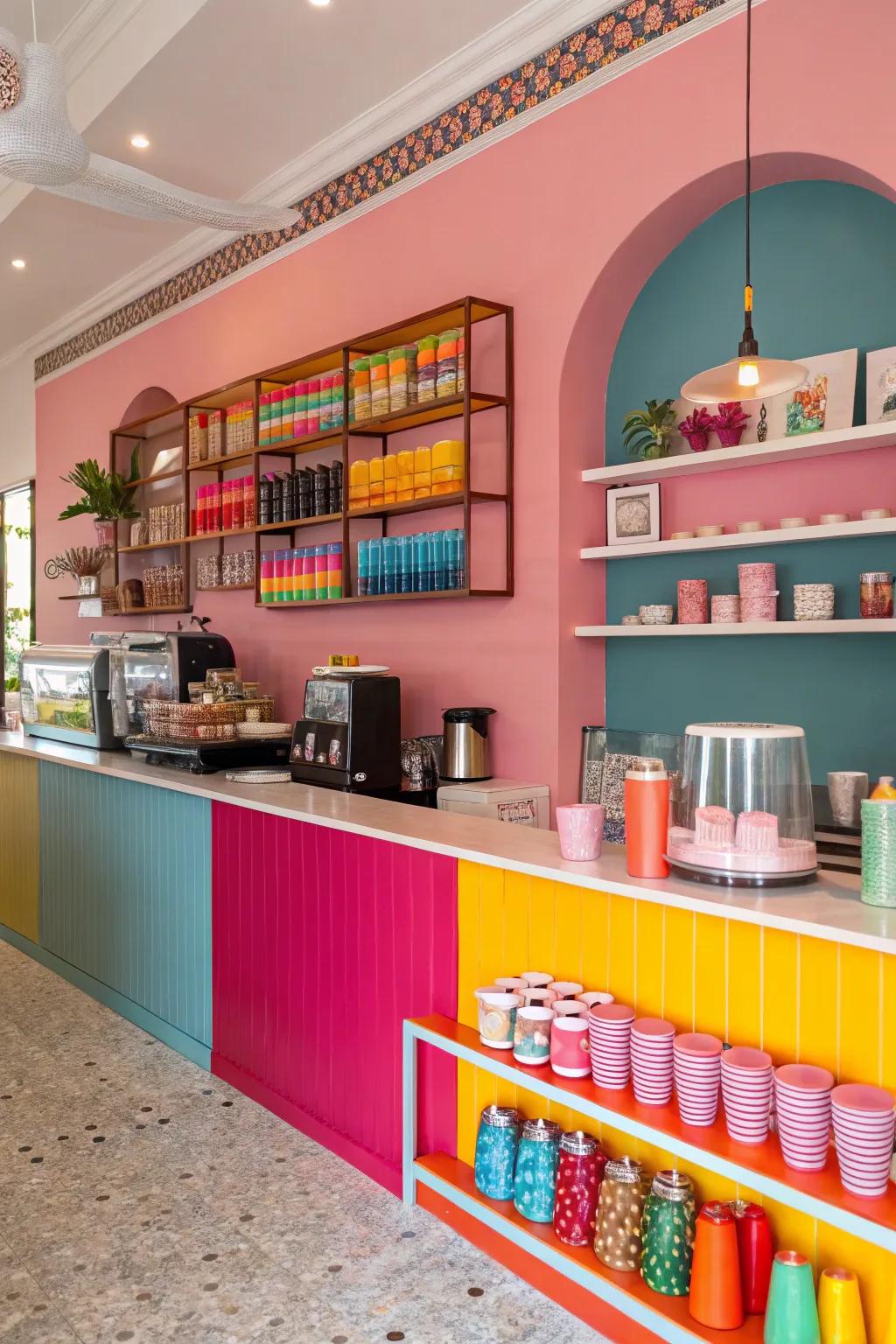 Bold colors create a striking and memorable coffee bar setup.