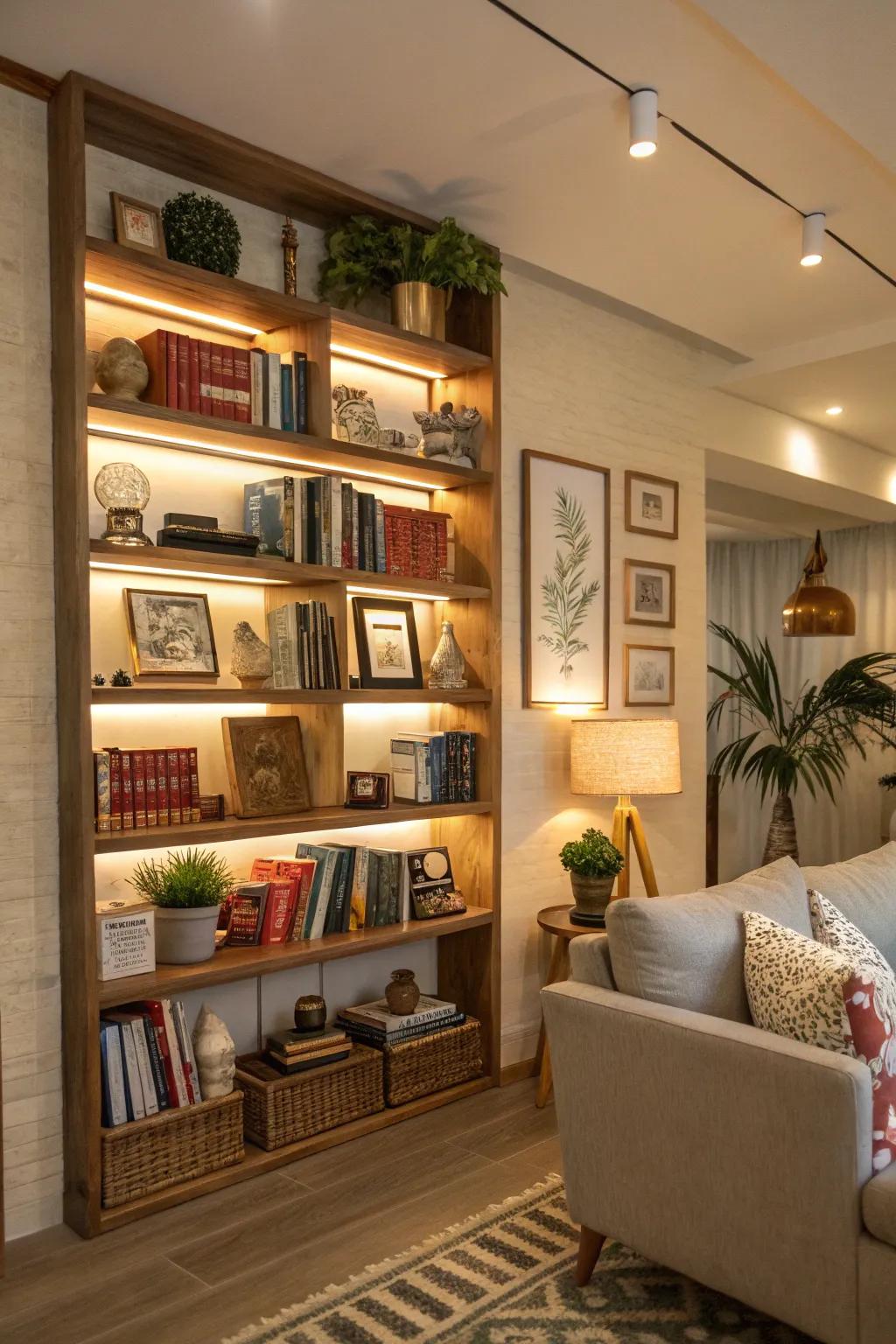 Creative wall shelving showcasing books and personal mementos.