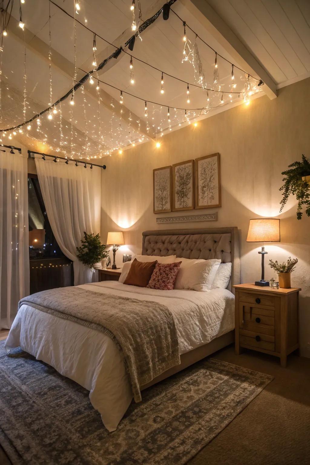 Layered illumination sets the atmosphere and adds depth to this color-drenched bedroom.