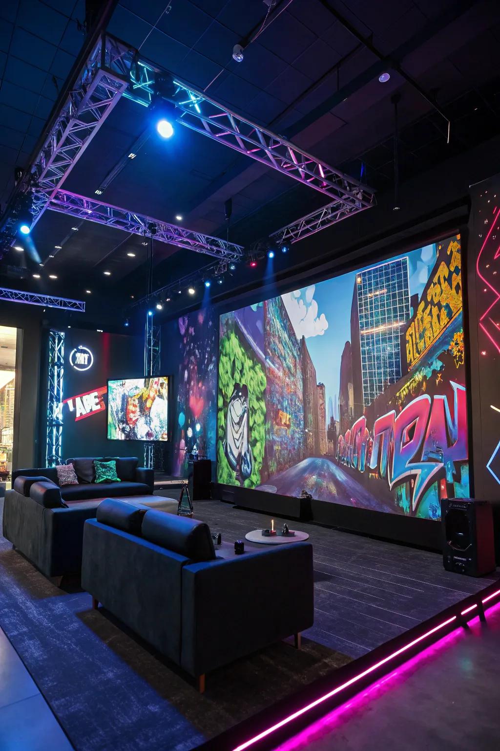 A tech-themed room featuring digital graffiti artwork on a large screen.