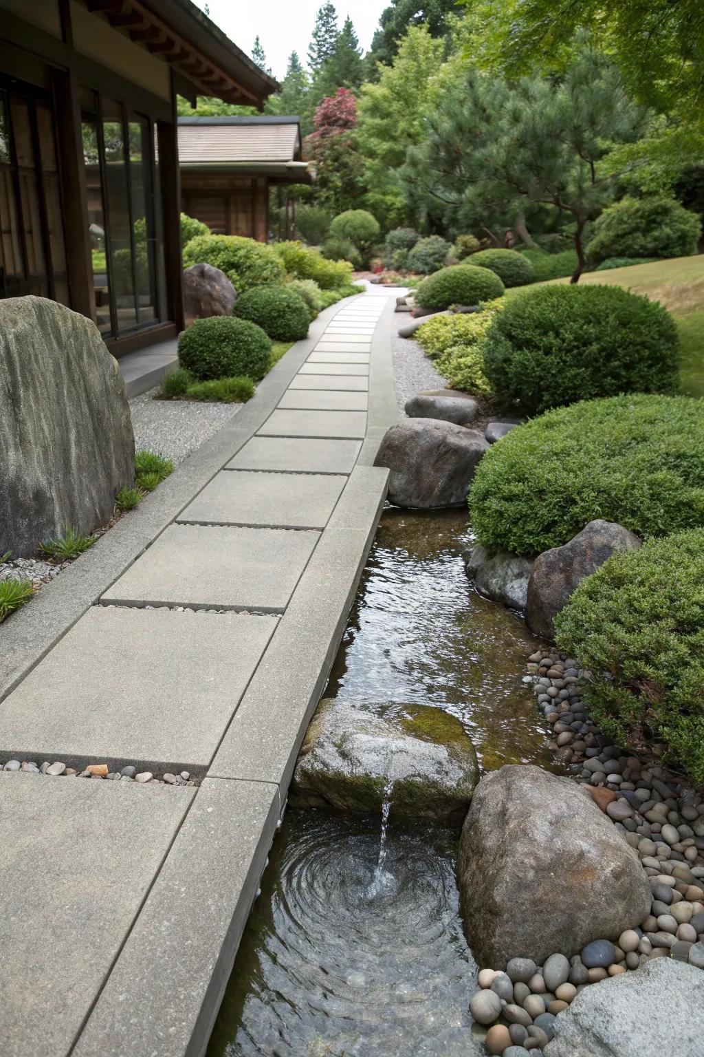 Water features add tranquility to concrete walkways.