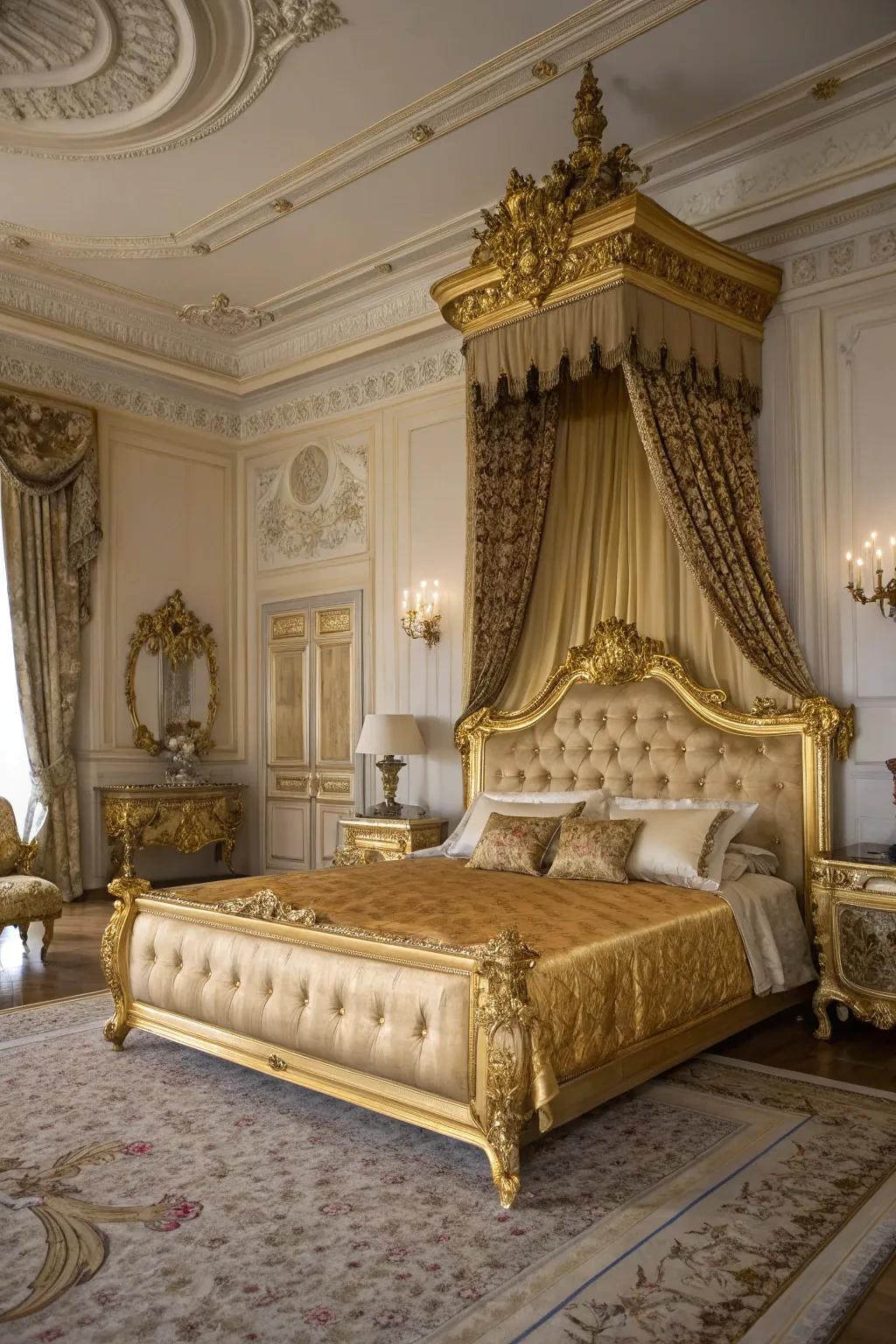 A golden bed exudes luxury and sophistication, making a grand statement.
