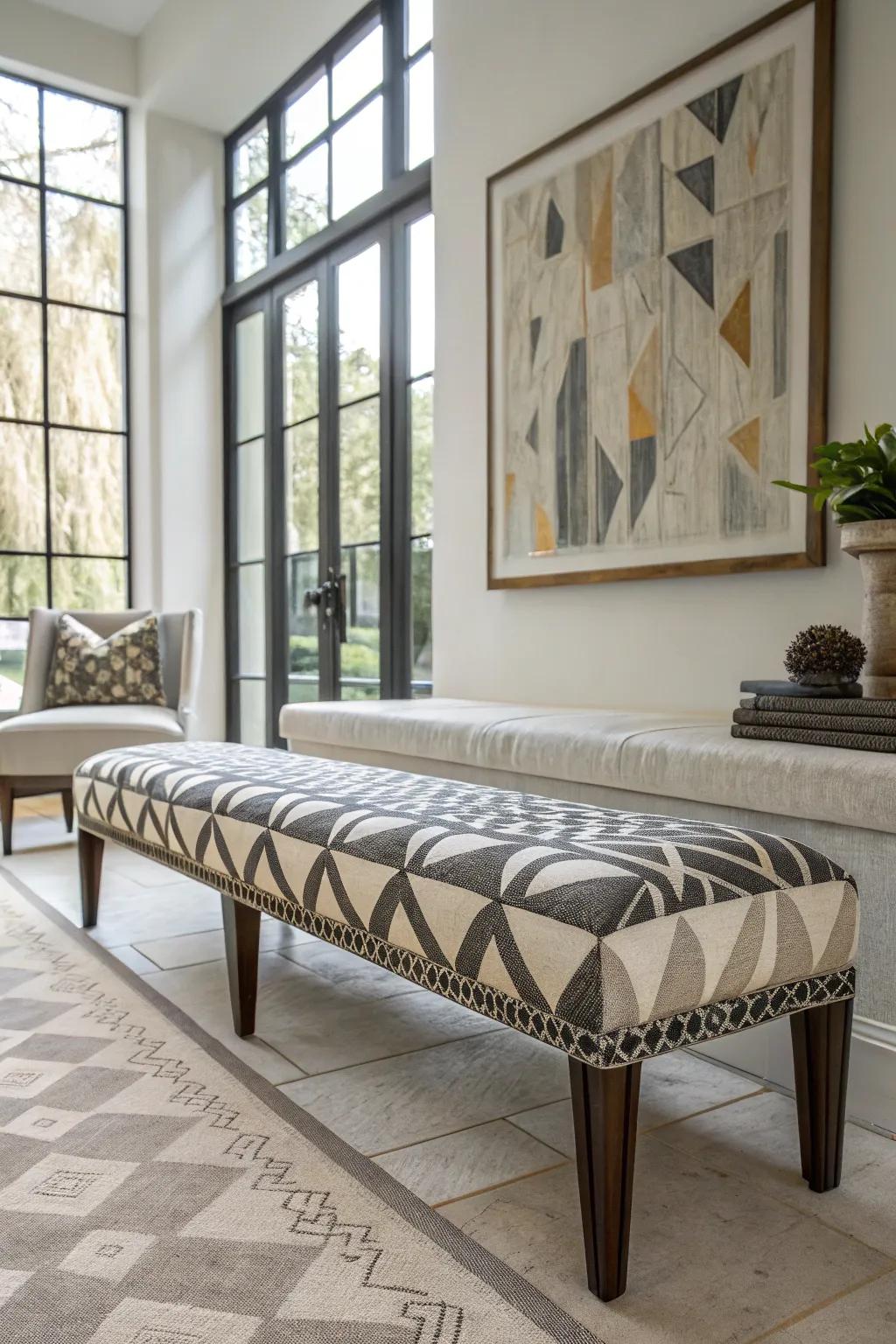 A bench with striking geometric designs.