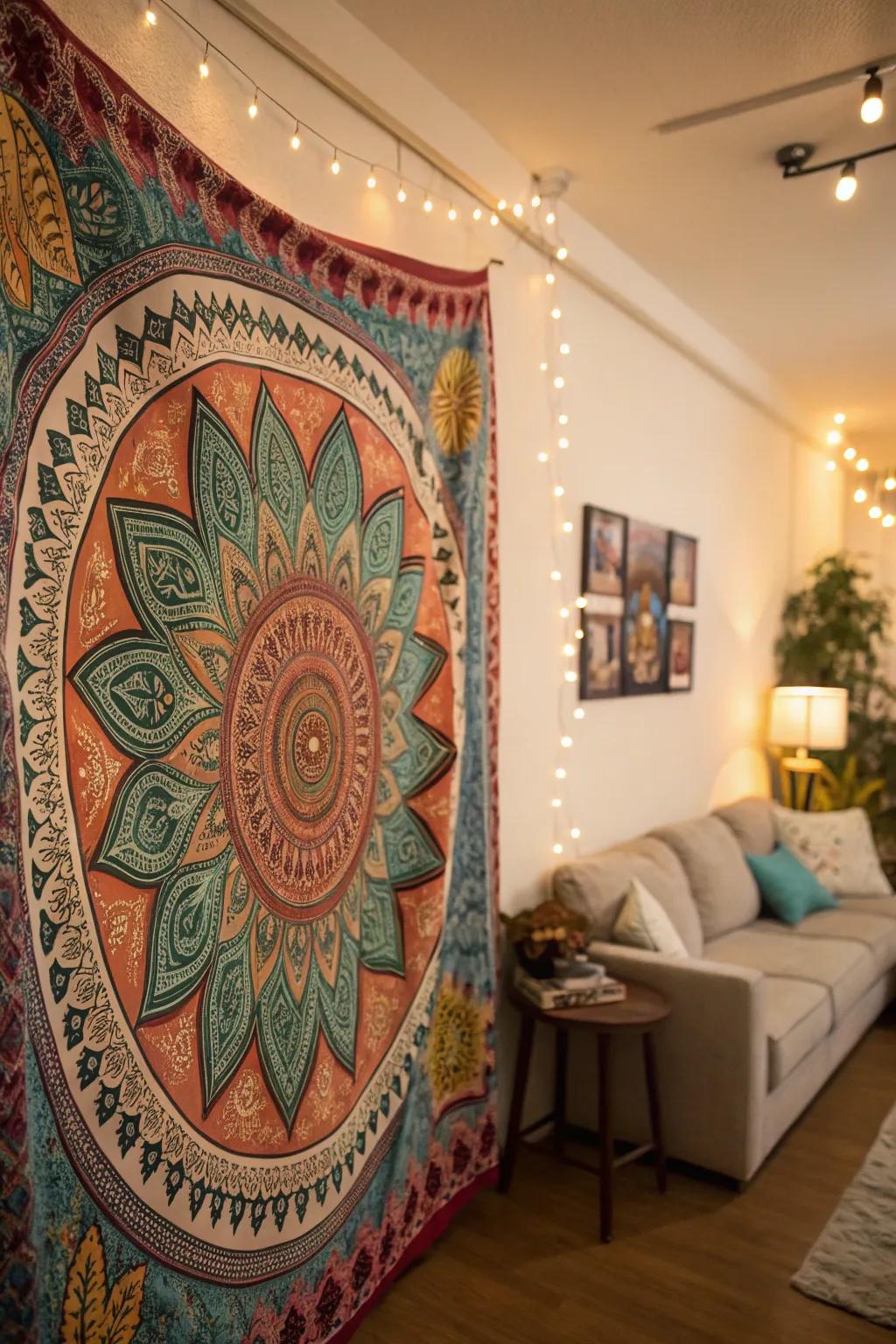 Boho tapestries create a laid-back vibe.