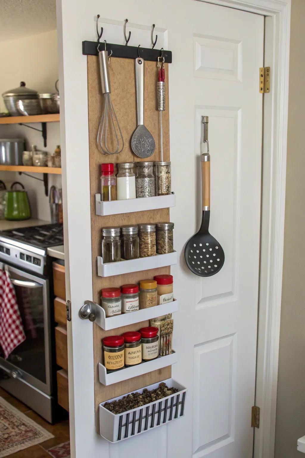 Magnetic strips on a corner pantry access for added storage.