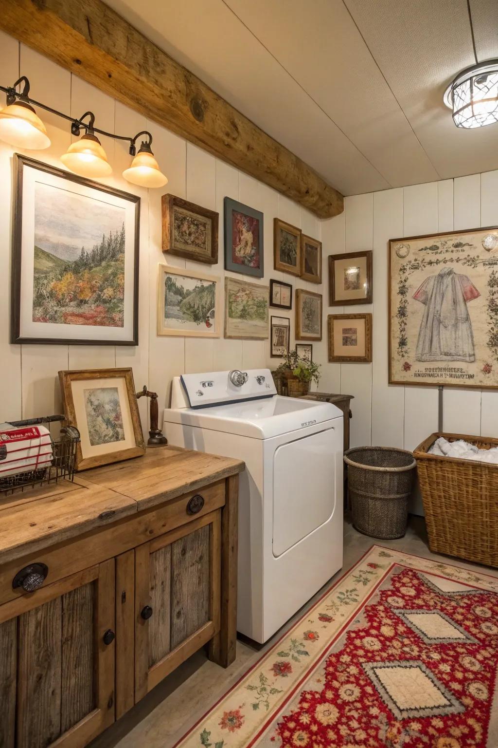 Finds from the past art incorporates a splash of personality to your laundry room.