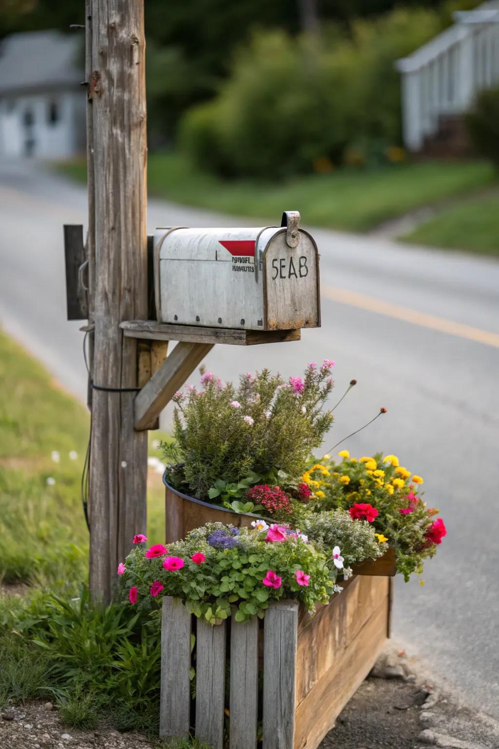 A planter box mailbox brings a burst of nature to your entrance.