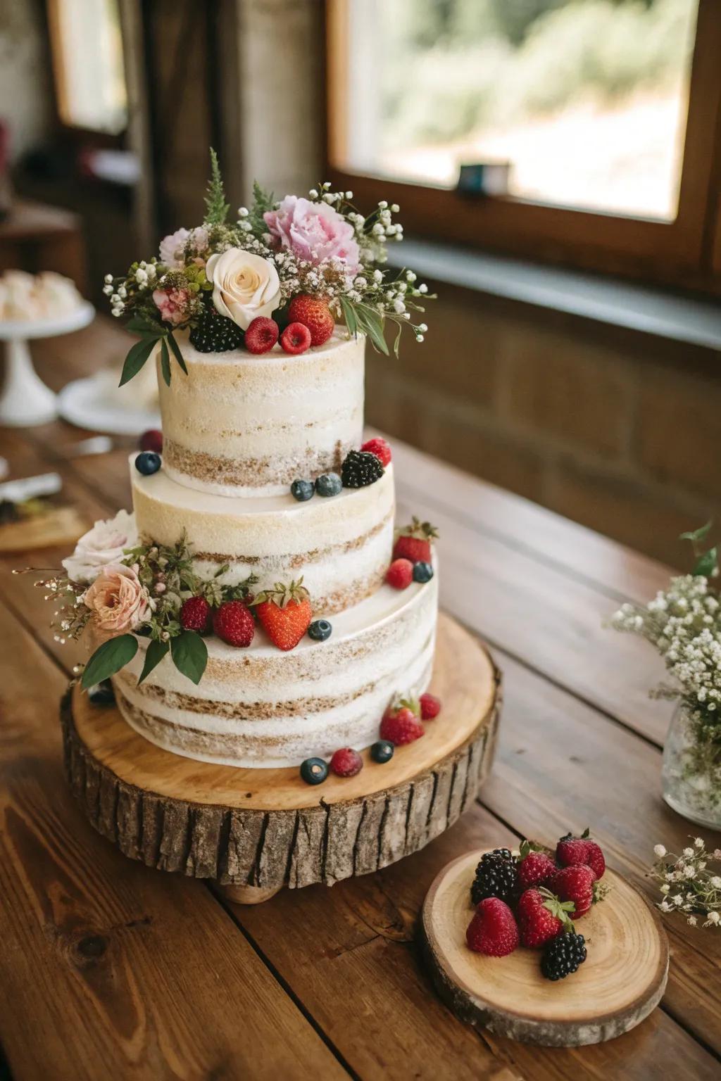 A countryside nuptial confection with natural adornments.