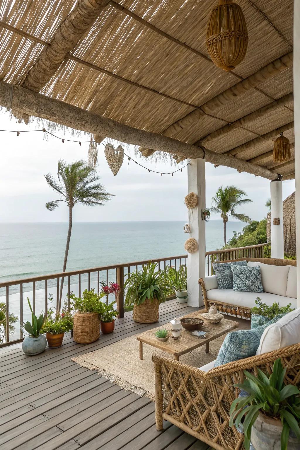 A relaxed reed-covered deck for a beachy ambiance.
