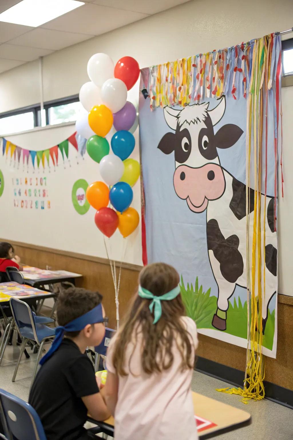 An 'Affix the Tail on the Bovine' game setup for classroom enjoyment