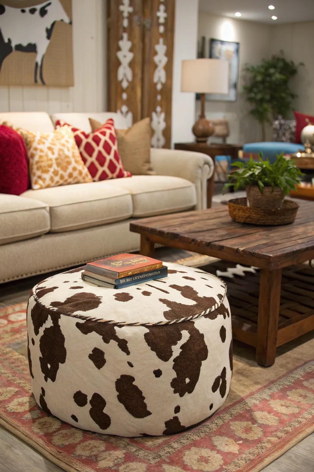 A spotted bovine ottoman provides whimsy and function to any kind of space.