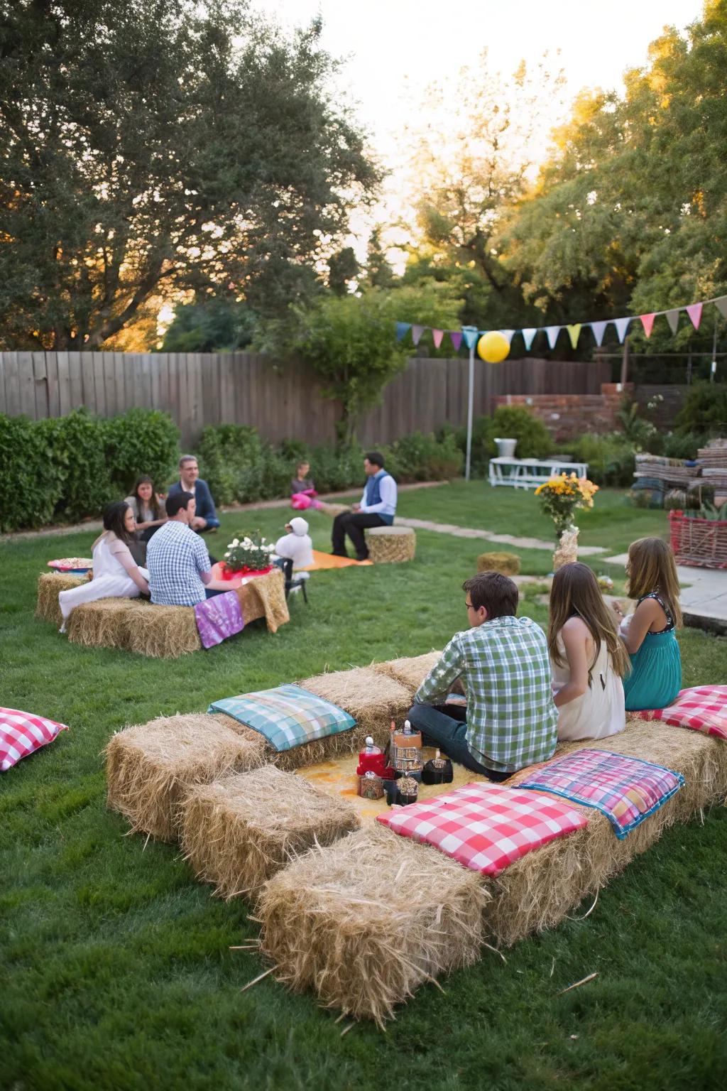 Craft the setting using comfortable dried grass mound seating.